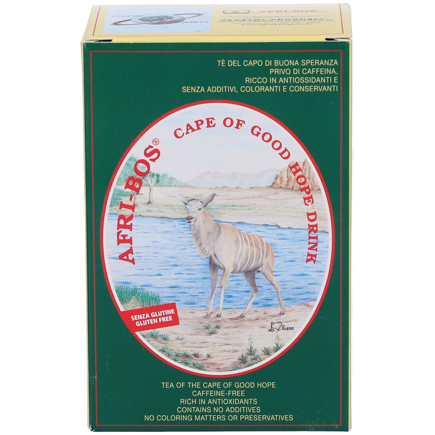 Scatola verde AFRI-BOS. Immagine di un animale vicino all'acqua. Testo: Cape of Good Hope Drink, senza glutine, senza caffeina.
