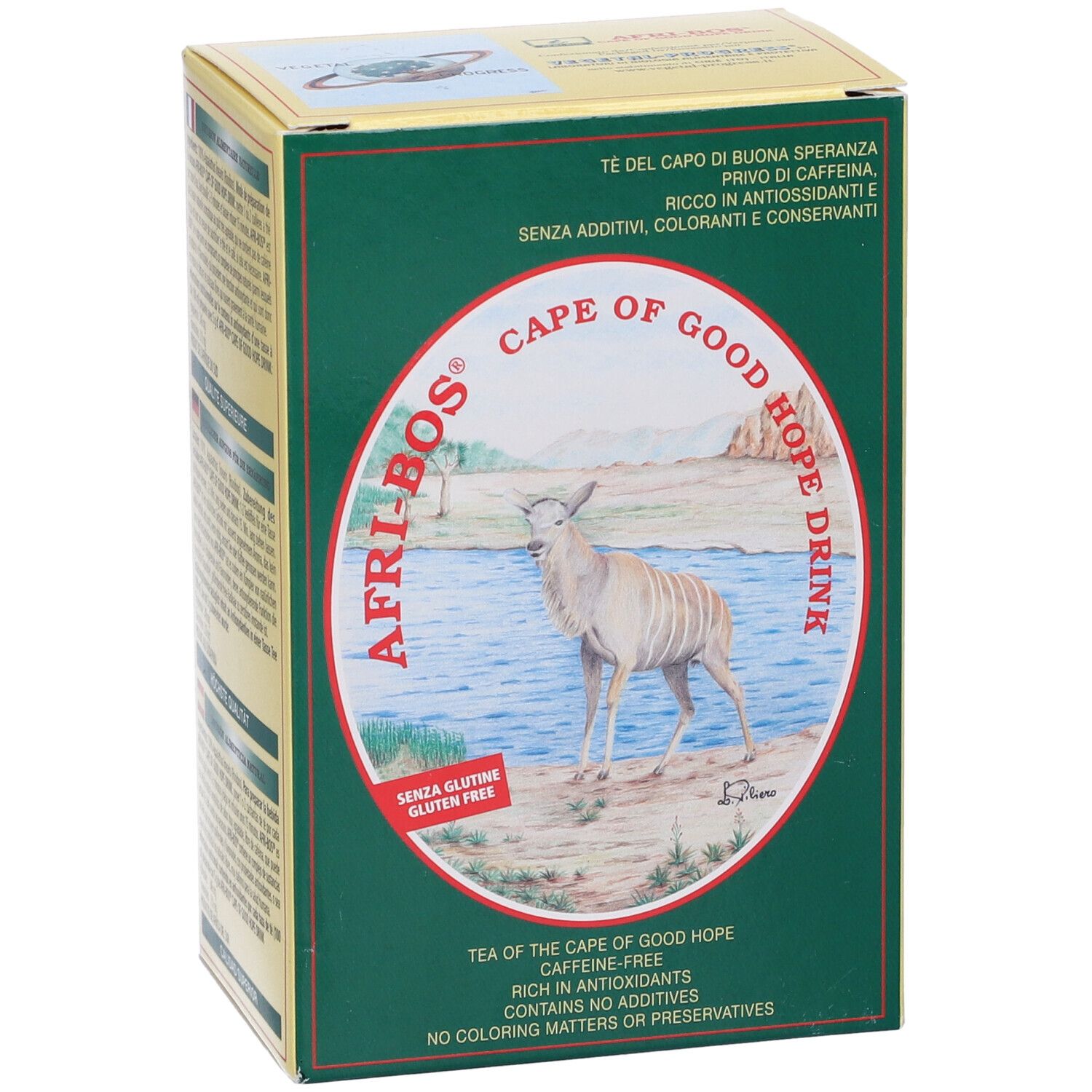 Scatola verde AFRI-BOS. Immagine di un animale vicino all'acqua. Testo: Cape of Good Hope Drink, senza glutine, senza caffeina.