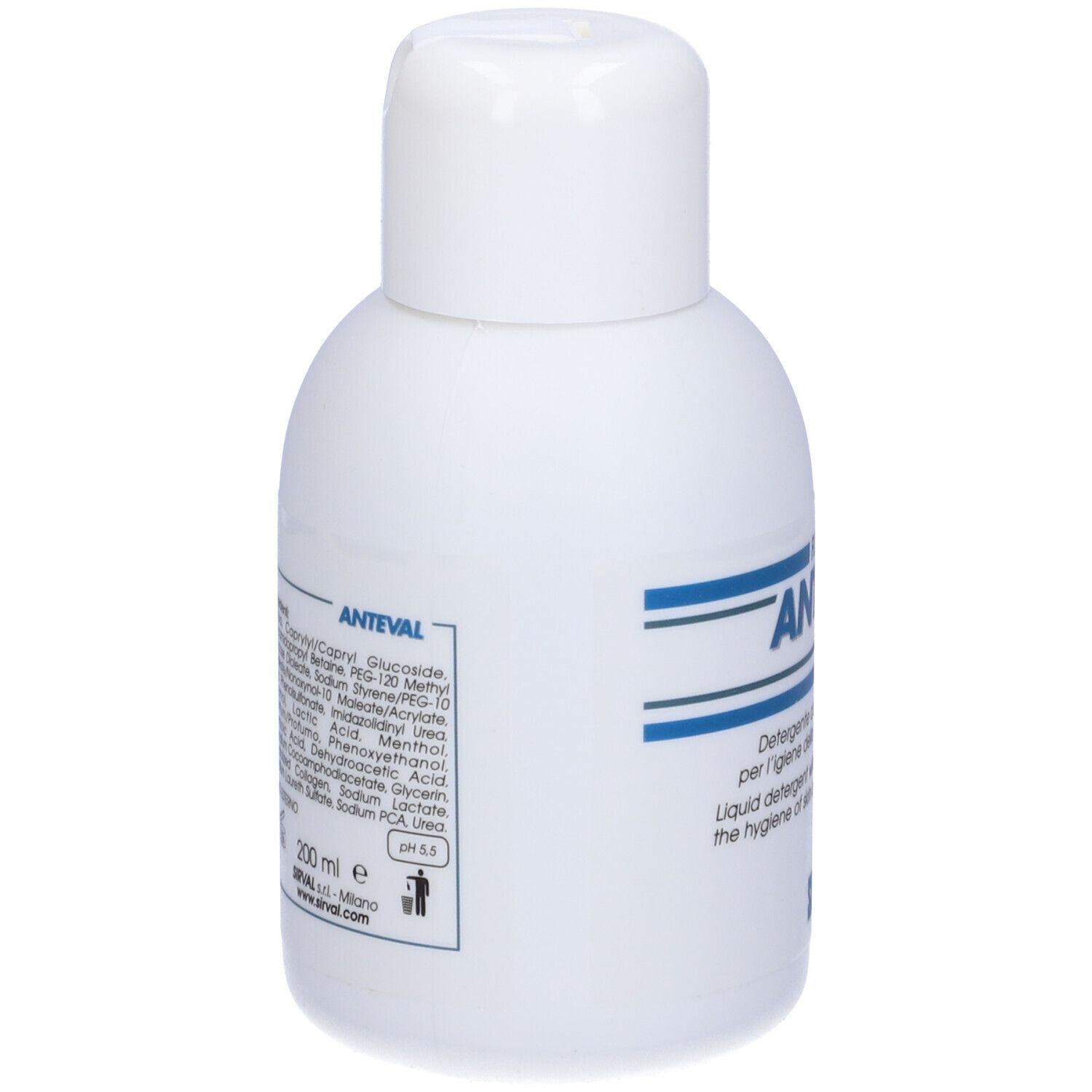 Flacone bianco con testo blu. Scritto: ANTEVAL, Fluido. Testo: Detergente con derivati vegetali per l'igiene della cute e delle mucose.