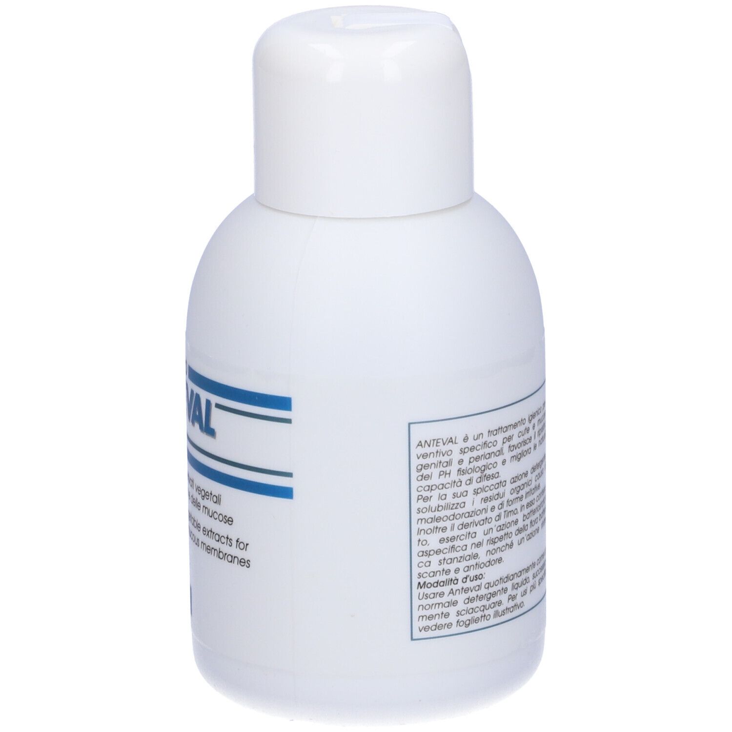 Flacone bianco con testo blu. Scritto: ANTEVAL, Fluido. Testo: Detergente con derivati vegetali per l'igiene della cute e delle mucose.