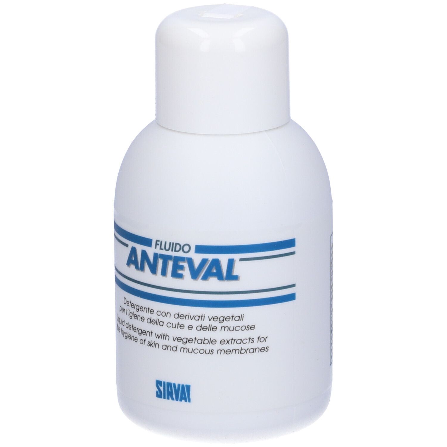Flacone bianco con testo blu. Scritto: ANTEVAL, Fluido. Testo: Detergente con derivati vegetali per l'igiene della cute e delle mucose.