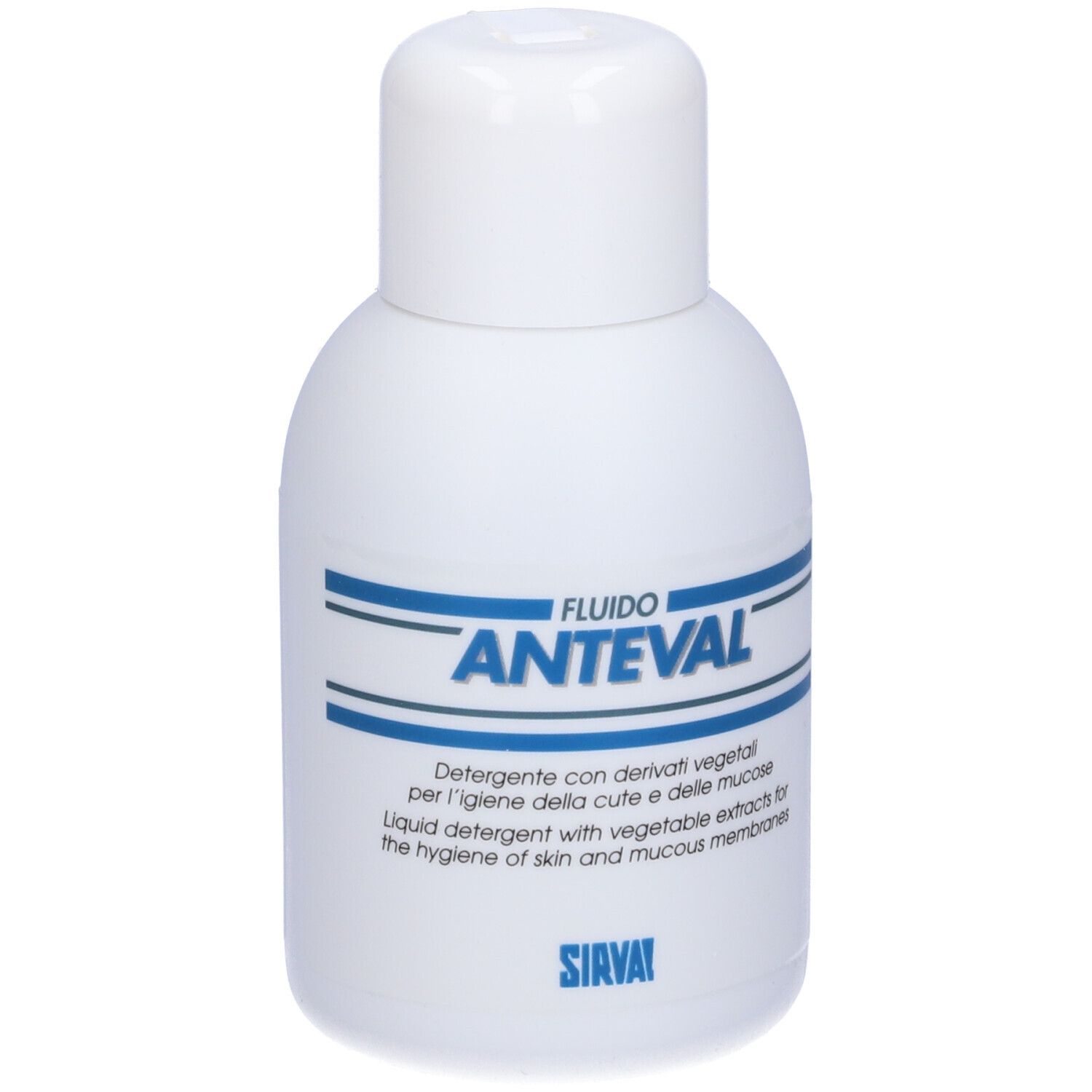 Flacone bianco con testo blu. Scritto: ANTEVAL, Fluido. Testo: Detergente con derivati vegetali per l'igiene della cute e delle mucose.