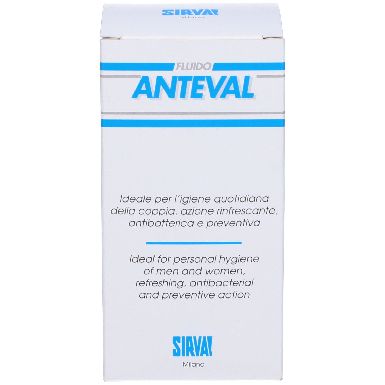 Scatola bianca con testo blu. Scritto: ANTEVAL, Fluido. Testo: Detergente con derivati vegetali per l'igiene della cute e delle mucose.