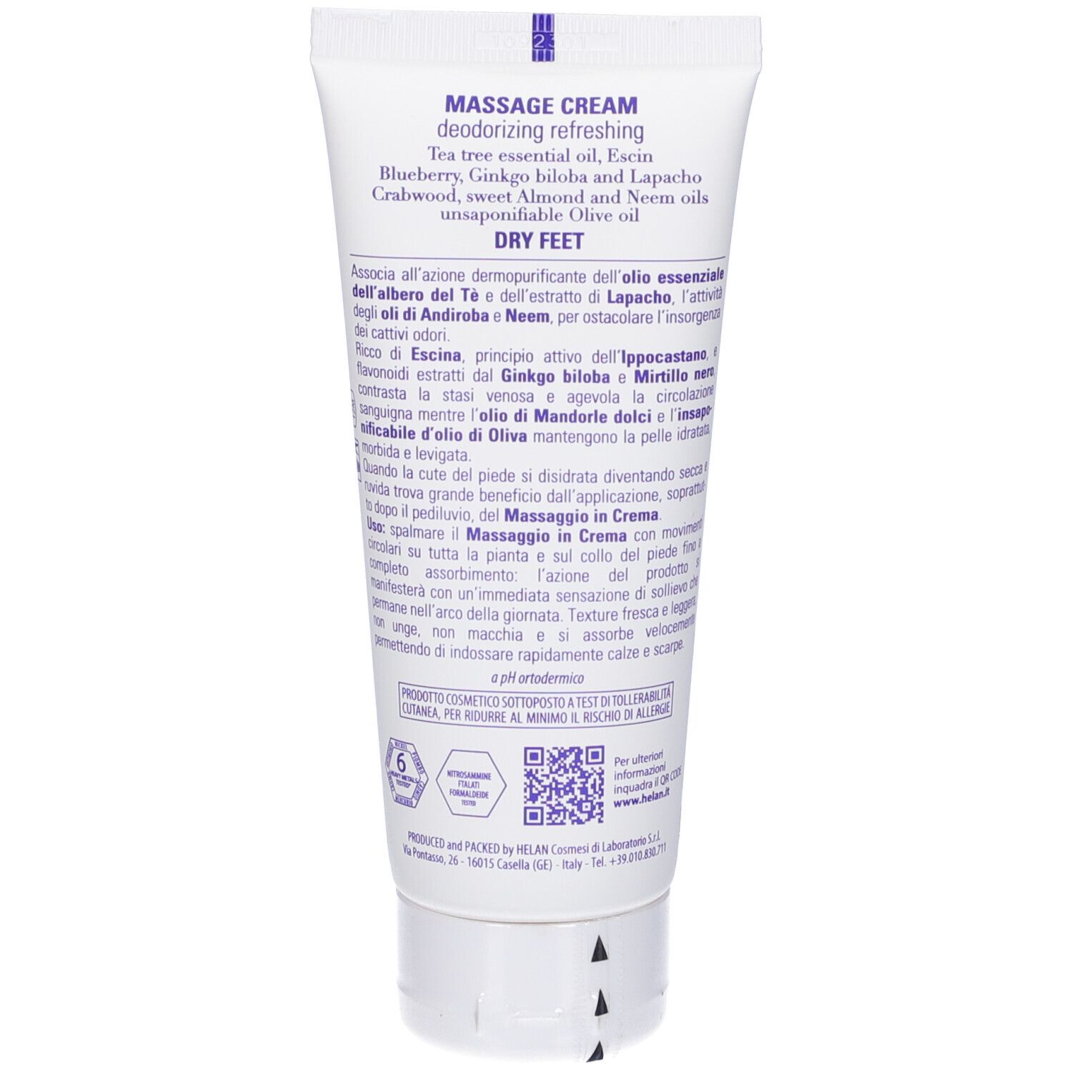 Retro del tubo. Testo: MASSAGE CREAM, DEODORIZING REFRESHING. Ingredienti. Testo: DRY FEET. Codice QR.