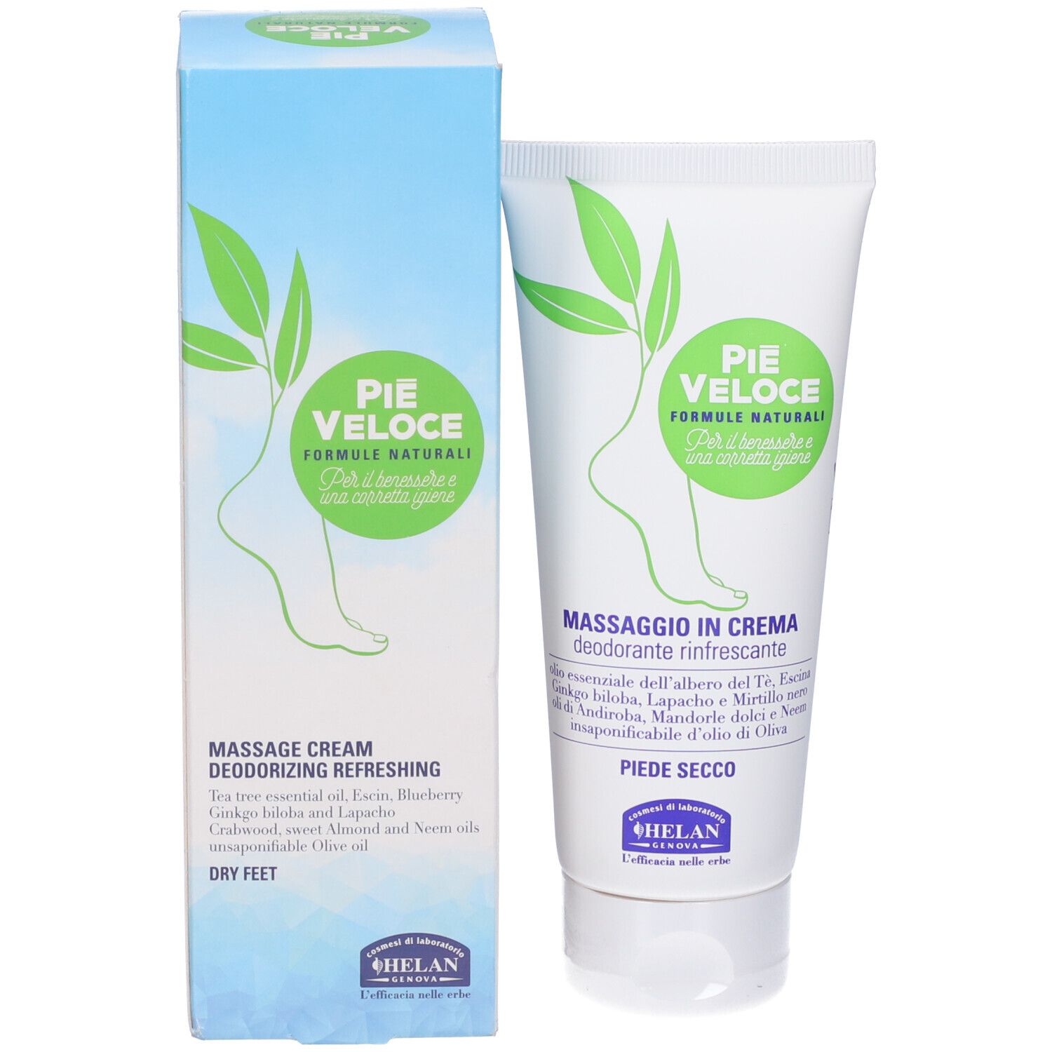 Confezione del prodotto: tubo e scatola. Tubo: bianco, verde. Scatola: blu, verde. Testo: PIE VELOCE, MASSAGGIO IN CREMA.