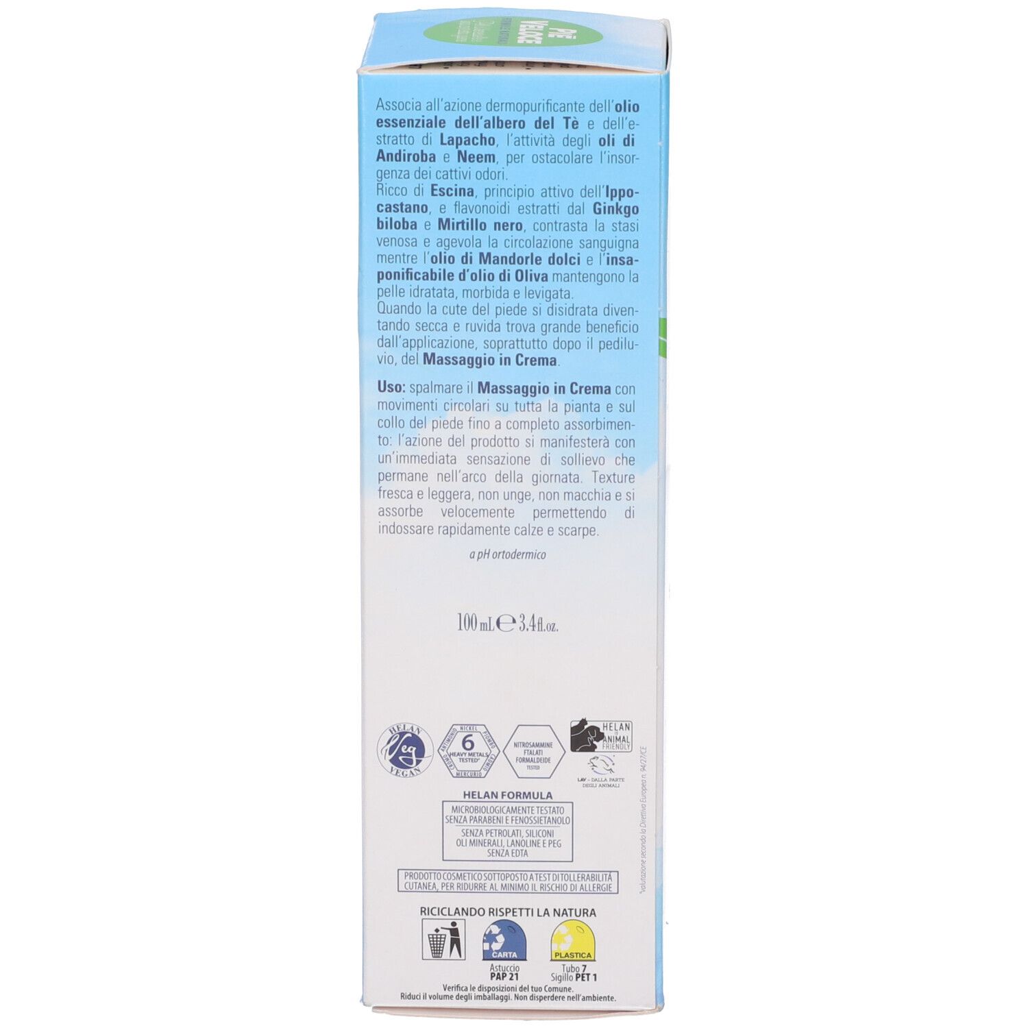 Retro della scatola. Testo: MASSAGE CREAM, DEODORIZING REFRESHING. Ingredienti. Testo: DRY FEET. Testo: 100ml.