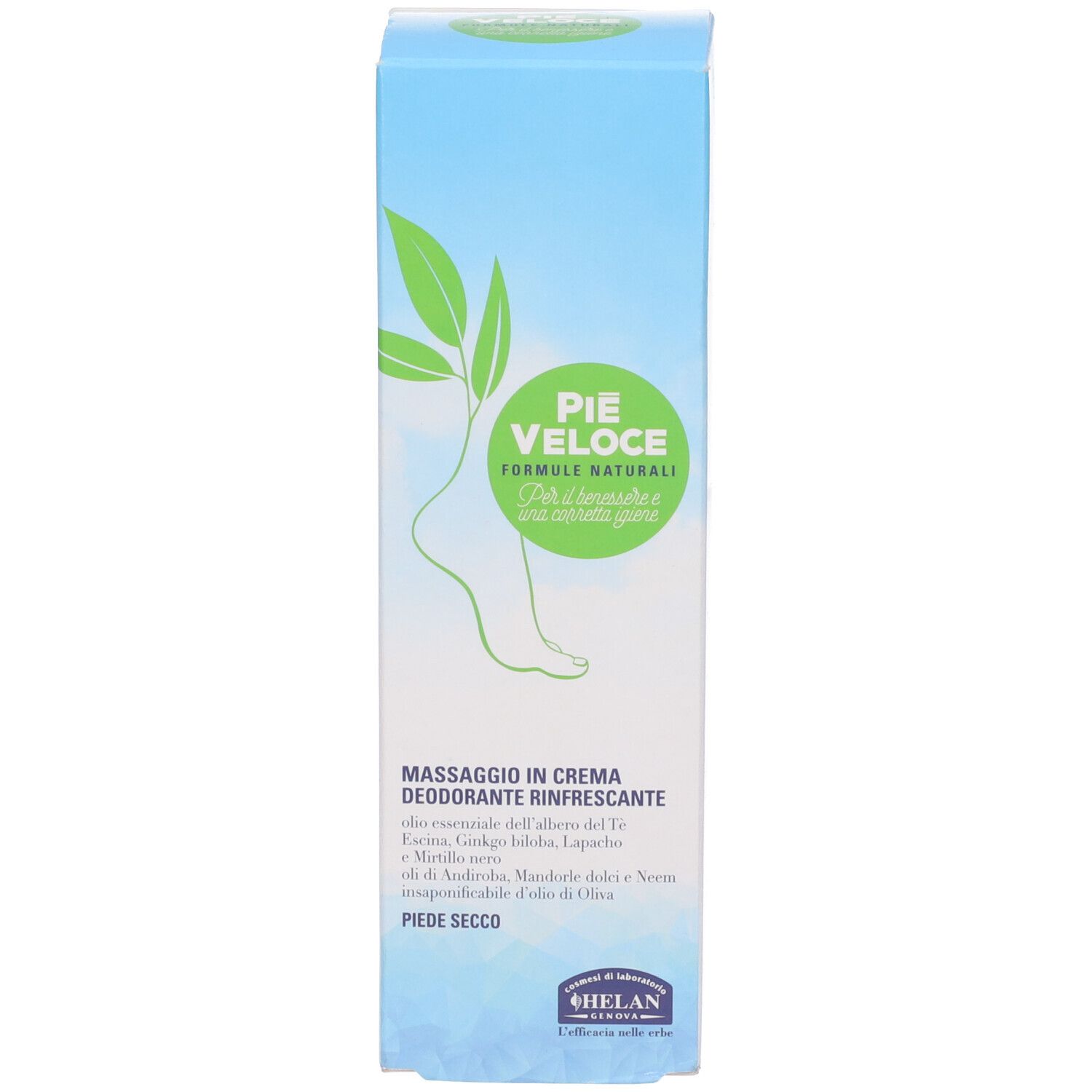 Scatola blu. Testo: PIE VELOCE, MASSAGGIO IN CREMA. Illustrazione del piede. Testo: DRY FEET. Marchio: HELAN.