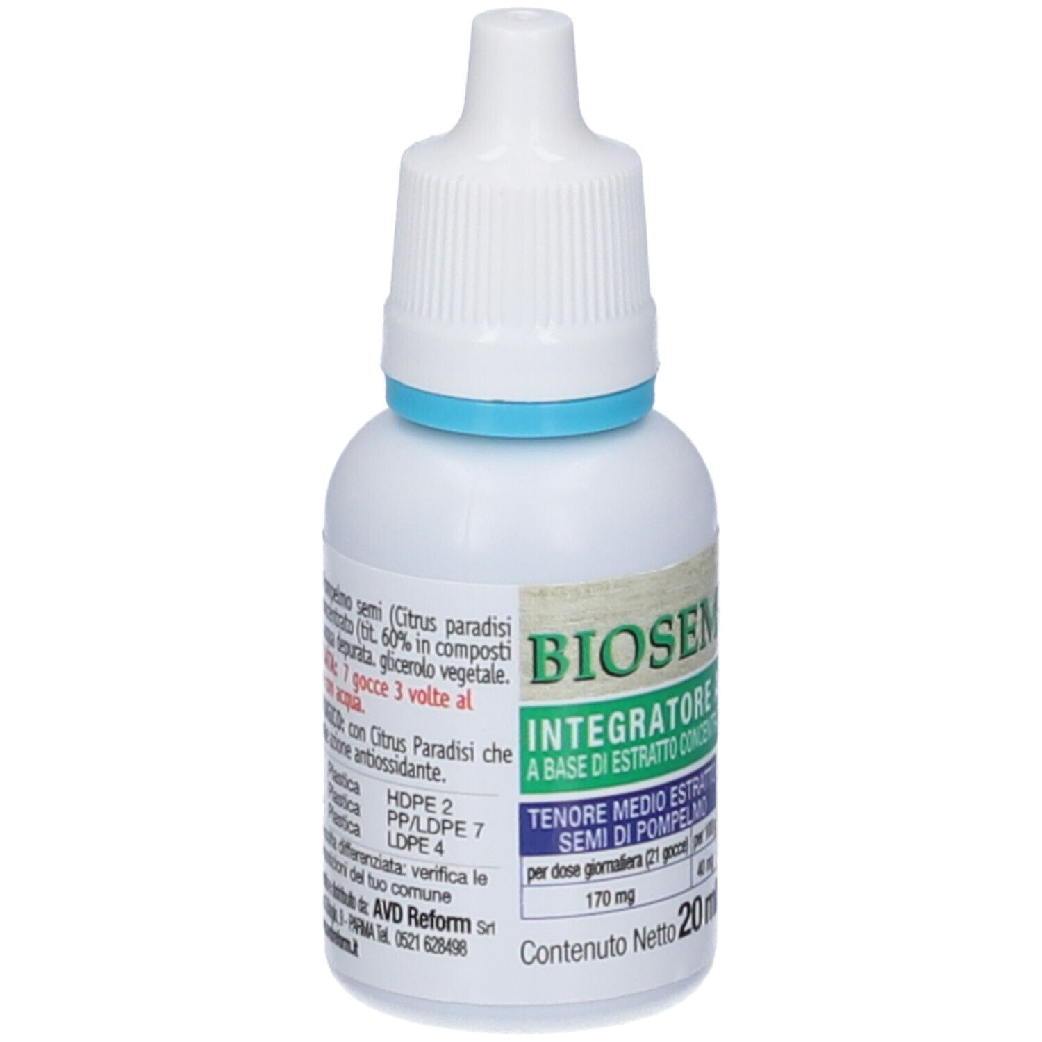 Flacone bianco con contagocce e anello blu. Scritta: BIOSEME, Integratore. Contenuto: 20 ml. Contiene estratto di pompelmo.