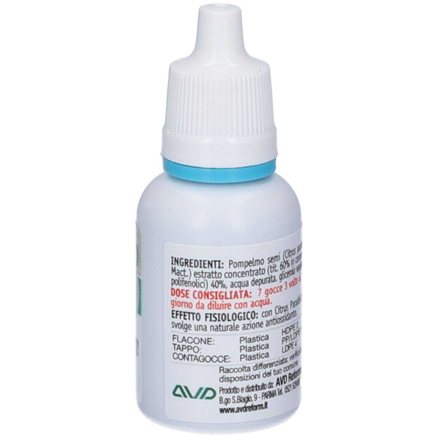 Flacone bianco con contagocce e anello blu. Scritta: Ingredienti, dosaggio, effetto. Produttore: AVD Reform.