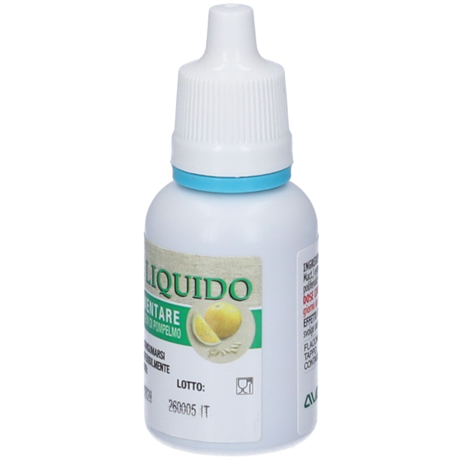 Flacone bianco con contagocce e anello blu. Scritta: LIQUIDO, Integratore Alimentare. Immagine di un pompelmo.