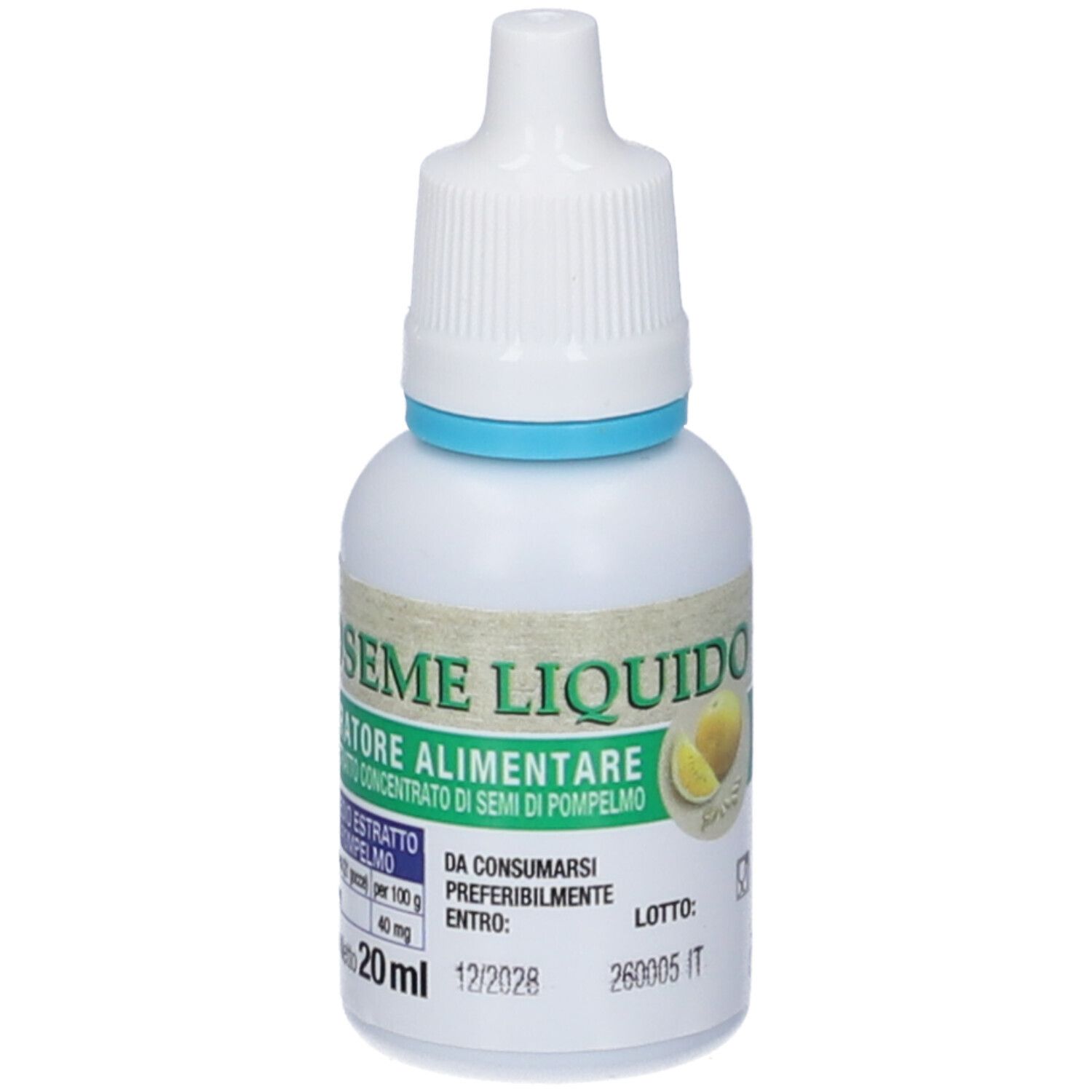 Flacone bianco con contagocce e anello blu. Scritta: BIOSEME LIQUIDO, Integratore Alimentare. Contenuto: 20 ml.