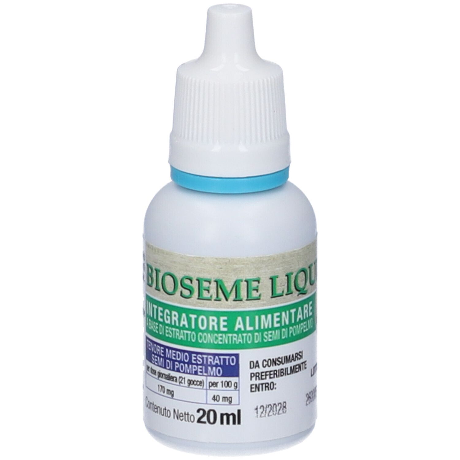 Flacone bianco con contagocce e anello blu. Scritta: BIOSEME LIQUIDO, Integratore Alimentare. Contenuto: 20 ml.