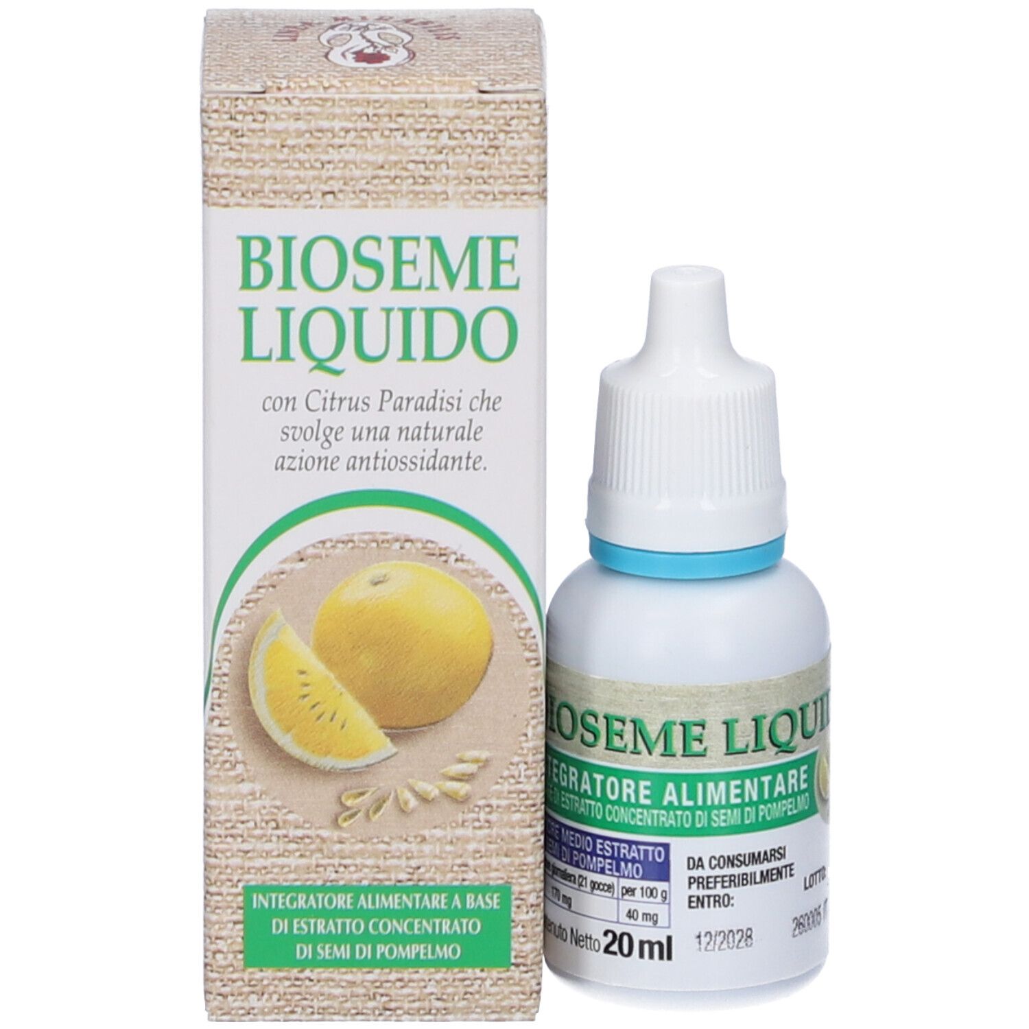 Flacone del prodotto con confezione. Scritta: BIOSEME LIQUIDO. Immagine di un pompelmo. Contenuto: 20 ml.