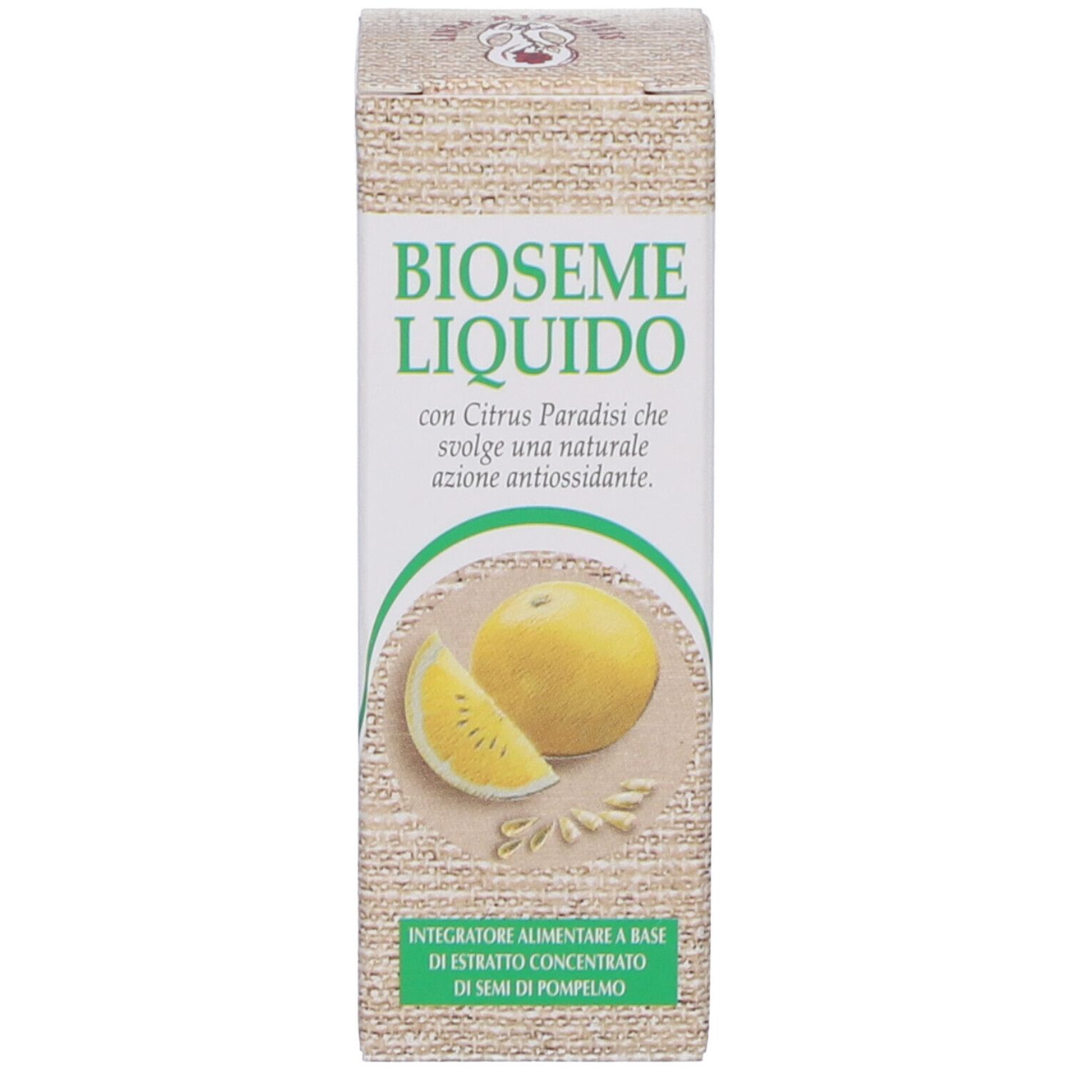 Confezione del prodotto. Scritta: BIOSEME LIQUIDO. Immagine di un pompelmo. Testo: Integratore Alimentare.