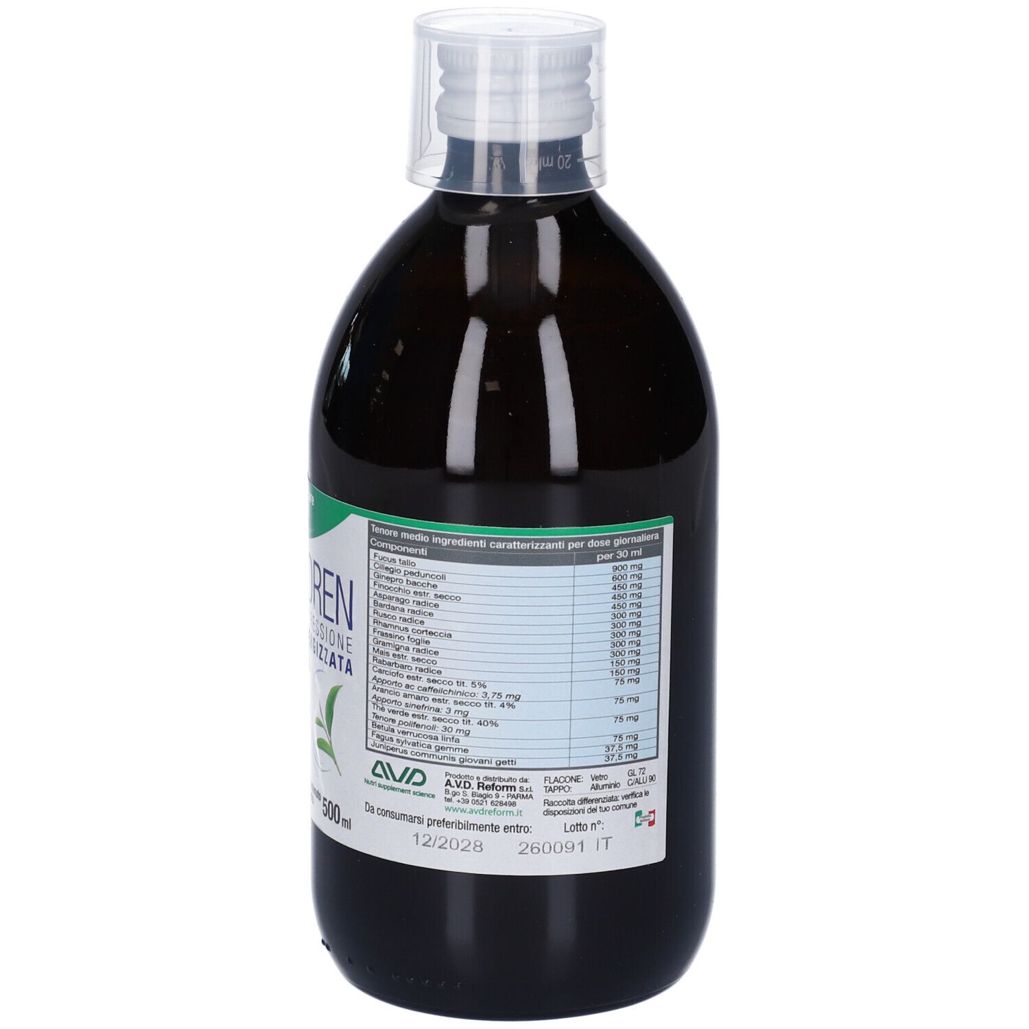 Flacone in vetro marrone con tappo a vite bianco, etichetta con lista ingredienti e tabella nutrizionale.