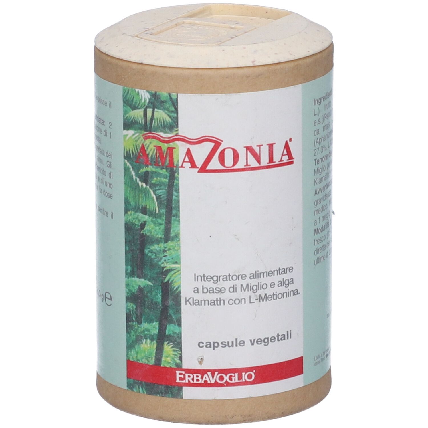 Barattolo cilindrico con coperchio. Scritta: Amazonia, capsule. Marchio: ErbaVoglio. Etichetta con informazioni.