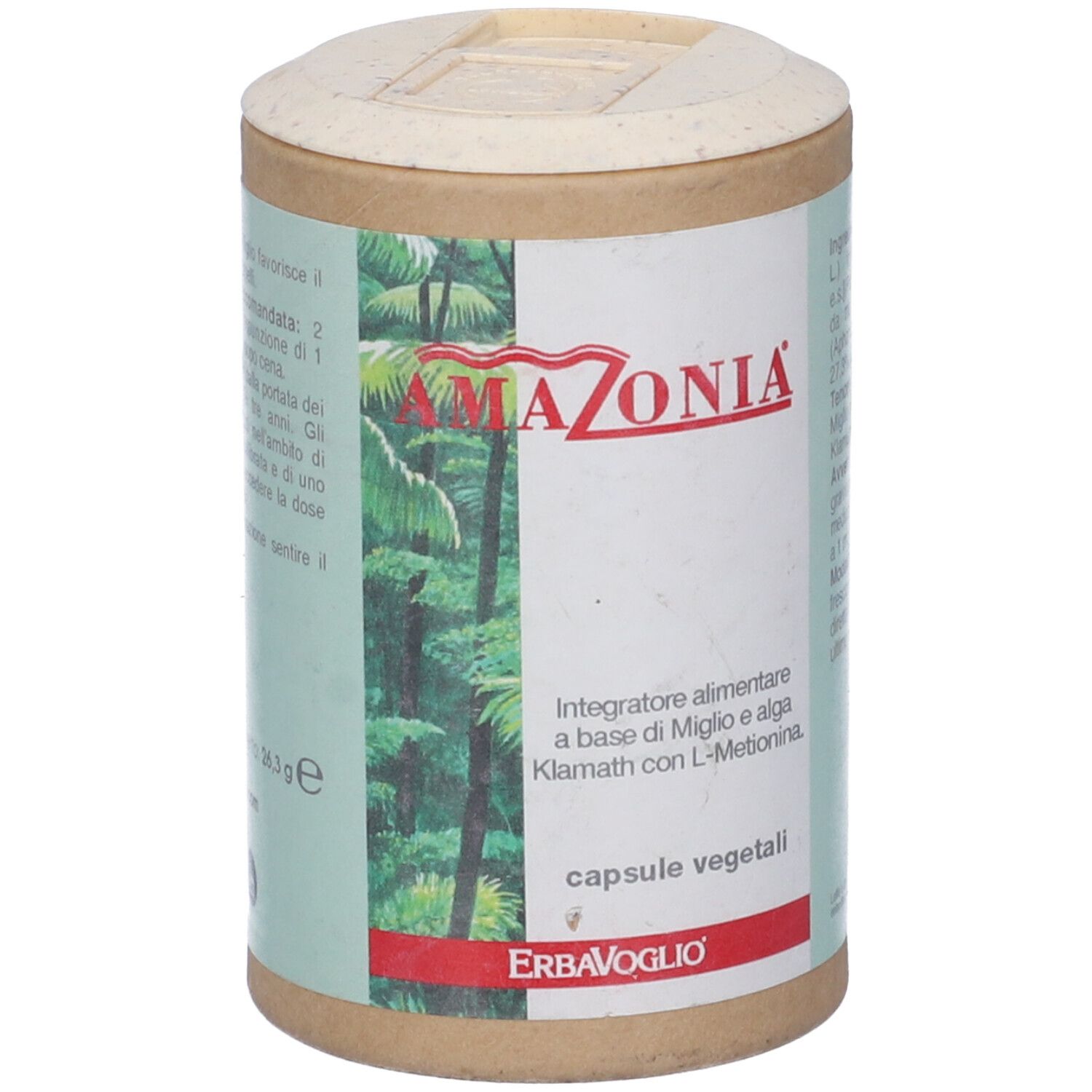 Barattolo cilindrico con coperchio. Scritta: Amazonia, capsule. Marchio: ErbaVoglio. Etichetta con informazioni.
