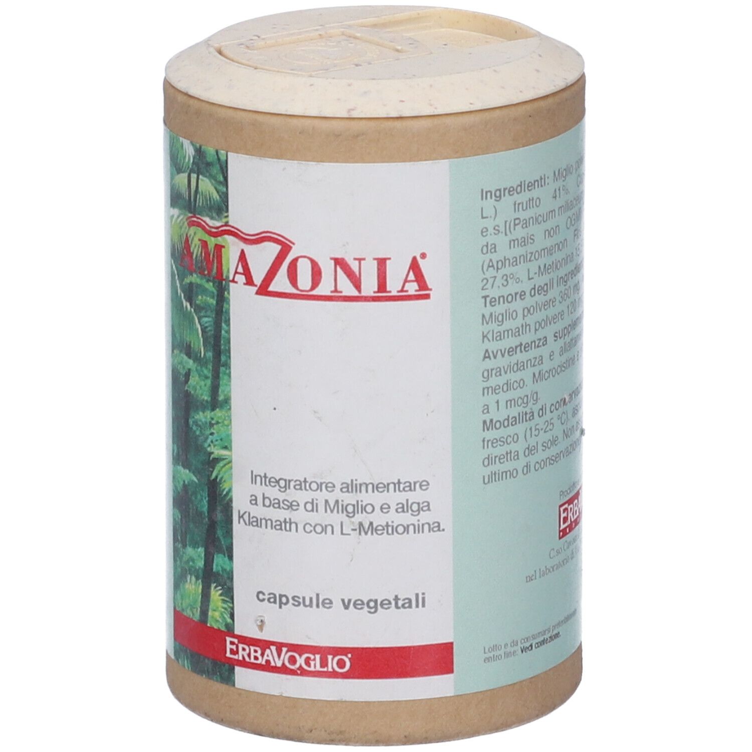 Barattolo cilindrico con coperchio. Scritta: Amazonia, capsule. Marchio: ErbaVoglio. Etichetta con ingredienti.