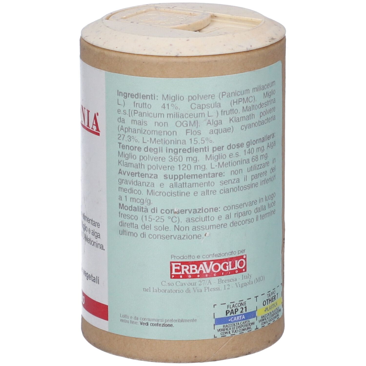 Barattolo cilindrico con coperchio. Etichetta con ingredienti, informazioni produttore e marchi di qualità.