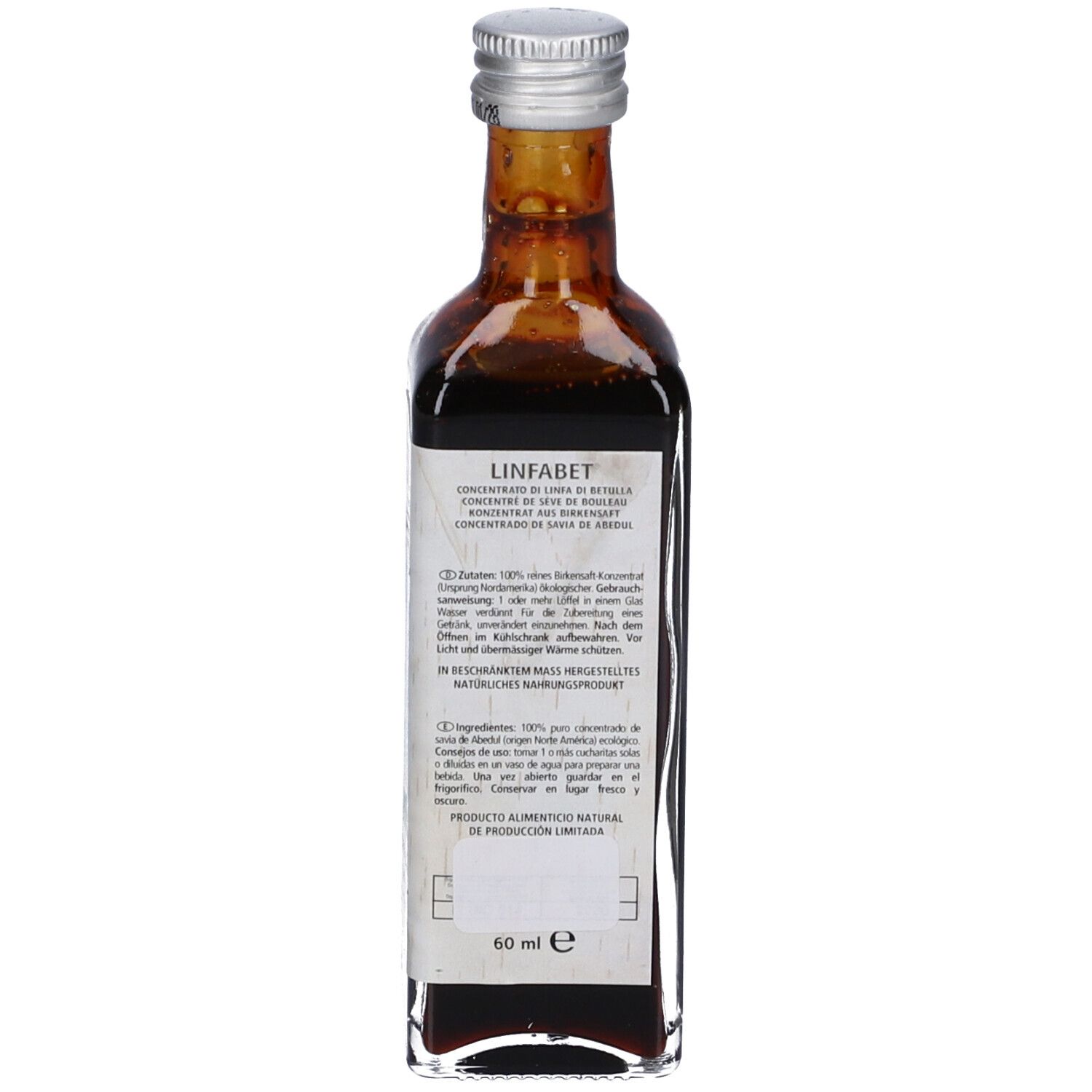 Retro di una bottiglia di vetro con liquido marrone. Etichetta con testo. Tappo argentato. 60 ml.