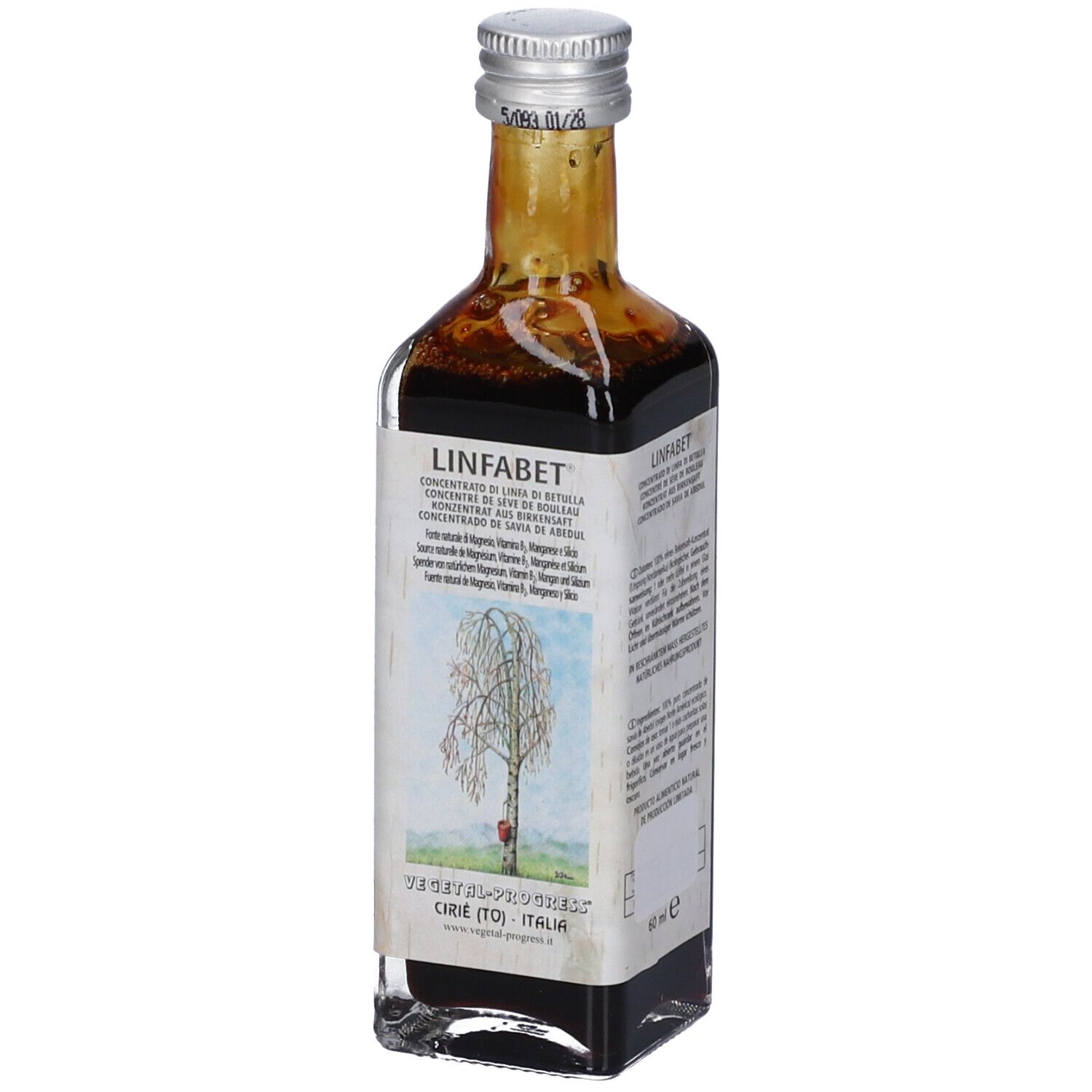 Bottiglia di vetro con liquido marrone. Scritta: LINFABET. Etichetta con illustrazione di albero. Tappo argentato.