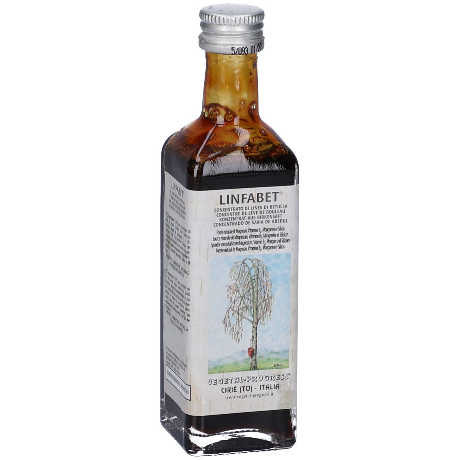 Bottiglia di vetro con liquido marrone. Scritta: LINFABET. Etichetta con illustrazione di albero. Tappo argentato.