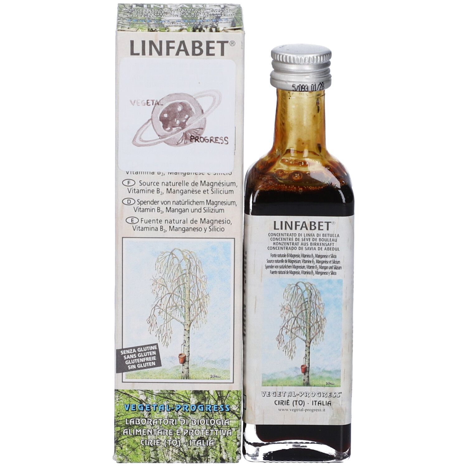 Confezione e bottiglia del prodotto. Scritta: LINFABET. Bottiglia con liquido marrone. Scatola con testo e illustrazione.