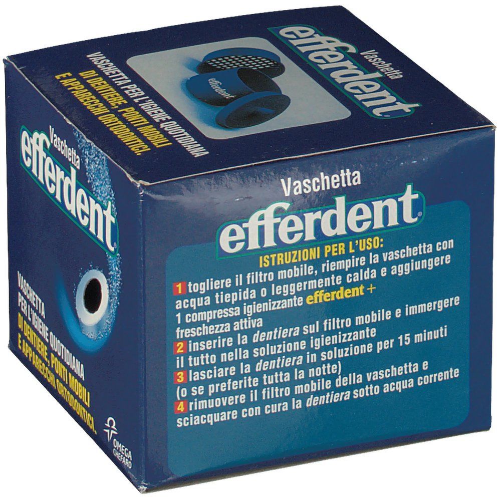 Scatola blu Efferdent con istruzioni. Scritto: Vaschetta per l'igiene quotidiana di dentiere, ponti mobili e apparecchi ortodontici.