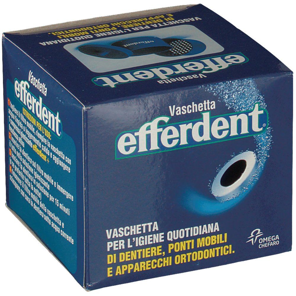 Scatola blu Efferdent. Scritto: Vaschetta per l'igiene quotidiana di dentiere, ponti mobili e apparecchi ortodontici. Illustrazione.