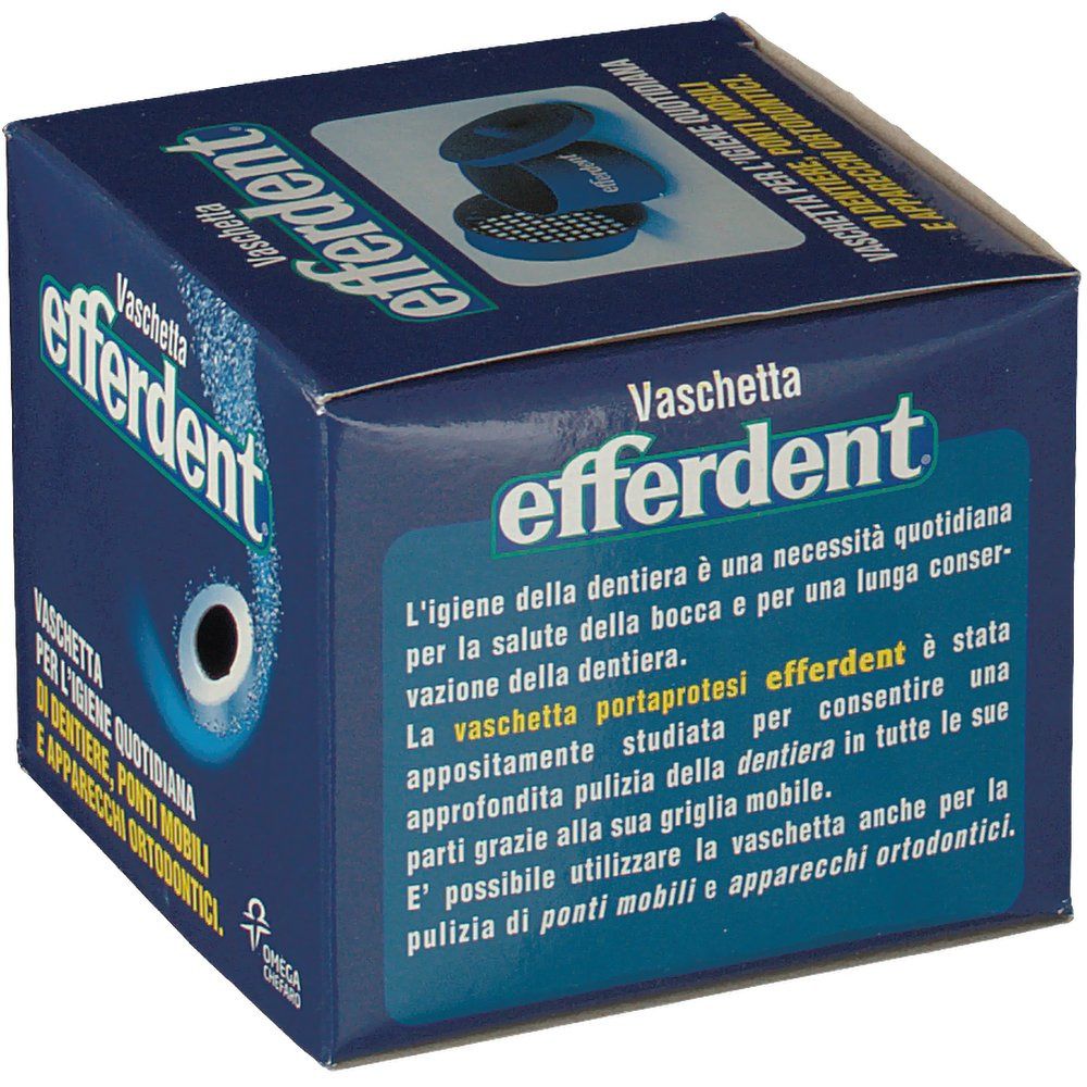 Scatola blu Efferdent. Scritto: Vaschetta per l'igiene quotidiana di dentiere, ponti mobili e apparecchi ortodontici. Testo.