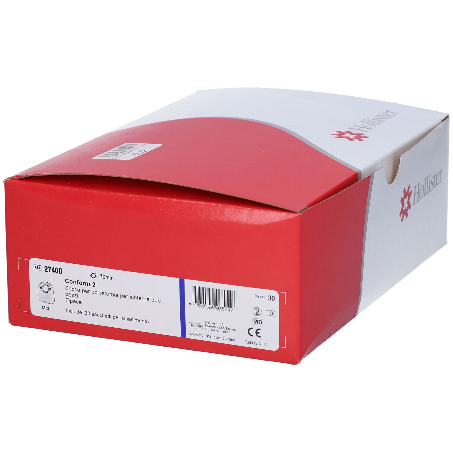 Confezione bianca e rossa. Logo Hollister. Informazioni sul prodotto.