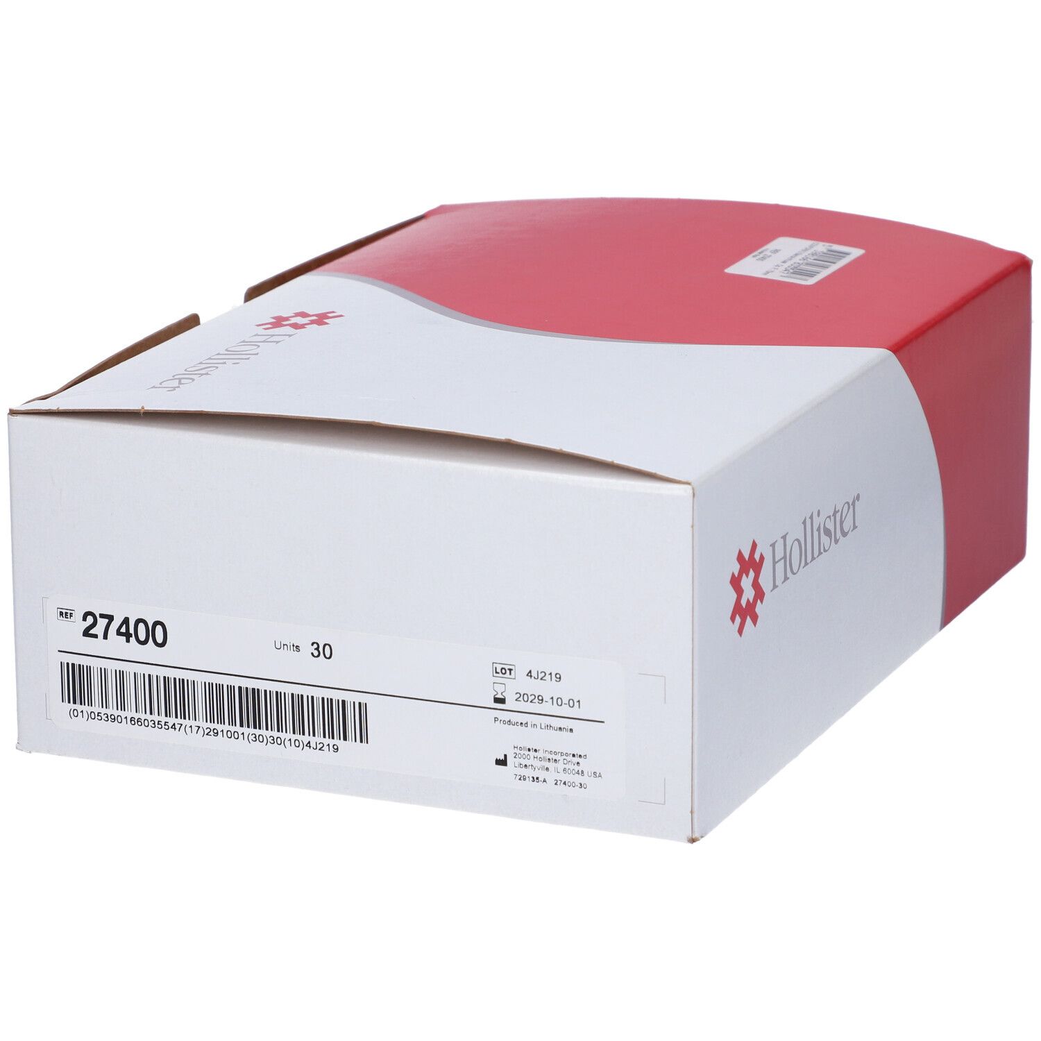 Confezione bianca e rossa. Logo Hollister. Informazioni sul prodotto.