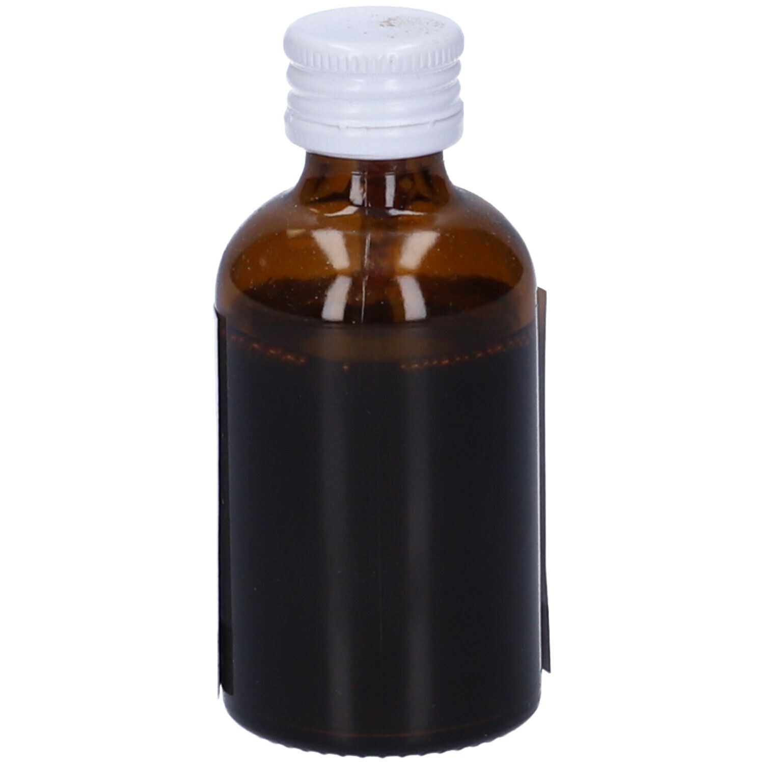 Flacone di vetro marrone con tappo bianco. Parzialmente riempito con liquido scuro. Etichetta parzialmente visibile.