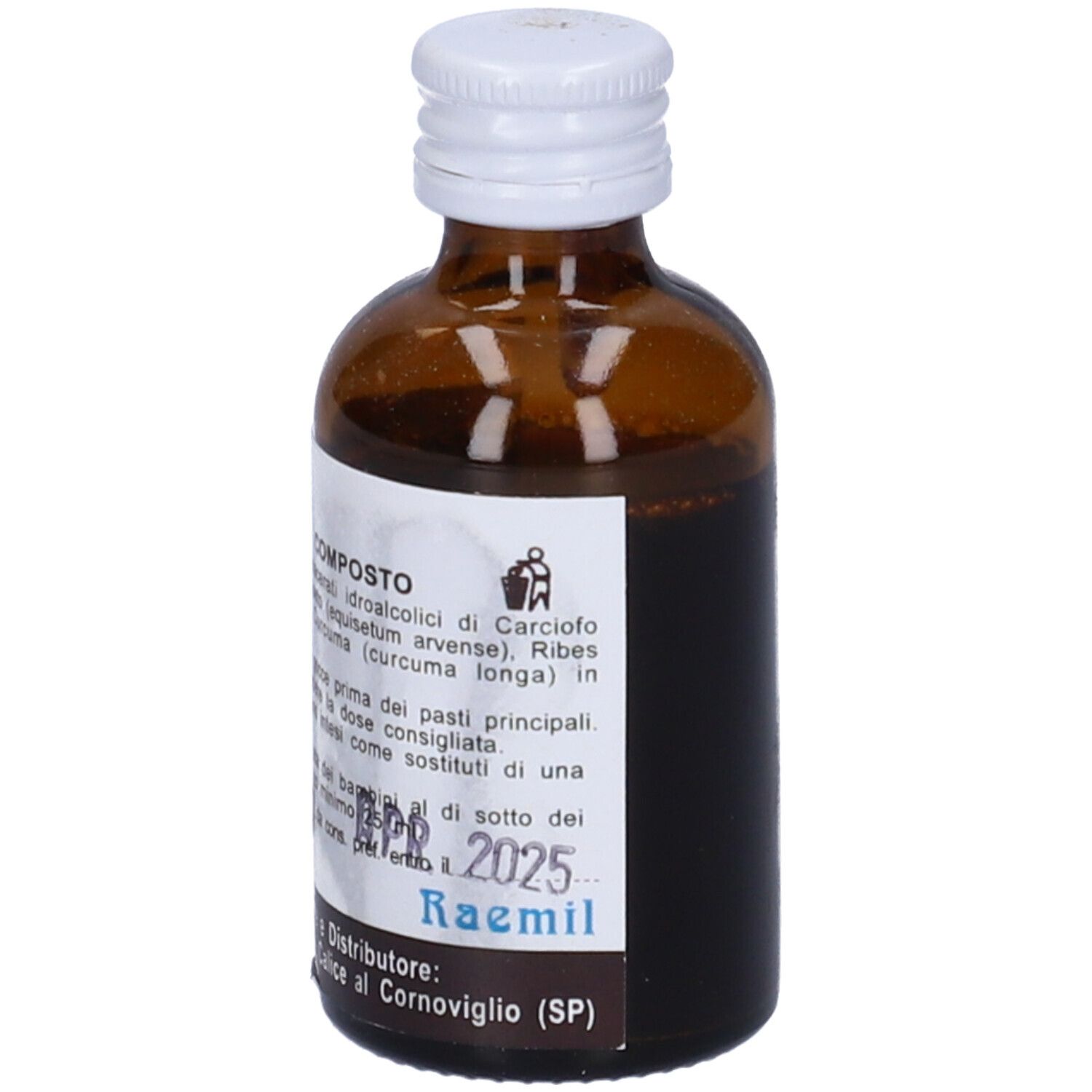 Flacone di vetro marrone con tappo bianco ed etichetta. Parzialmente riempito con liquido scuro. Scadenza 04.2025.