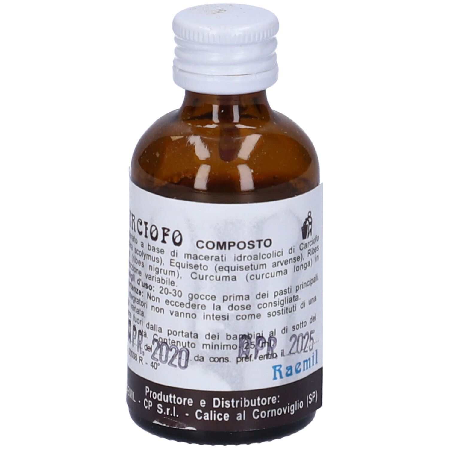 Flacone marrone con tappo bianco ed etichetta. Liquido scuro. Scadenza 04.2020, 04.2025.