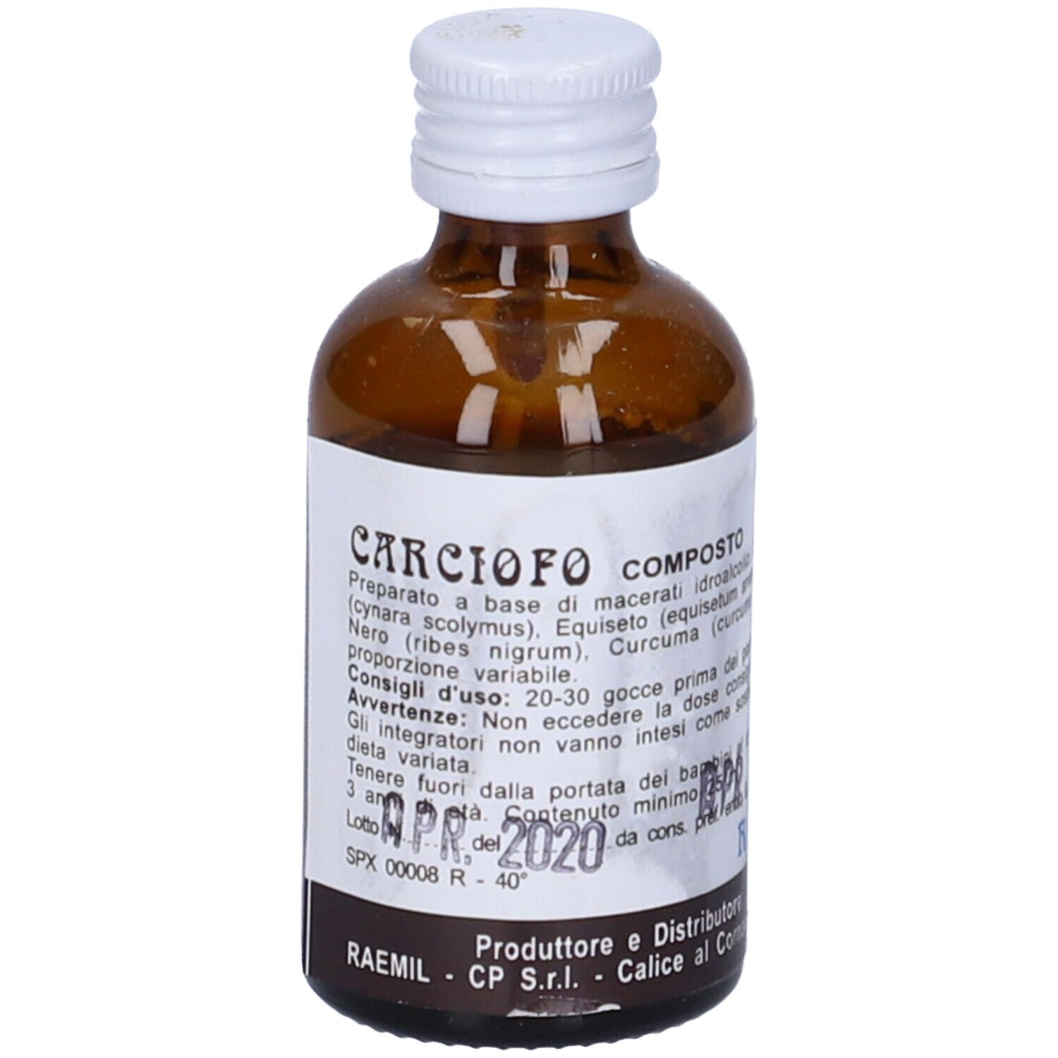 Flacone di vetro marrone con tappo bianco ed etichetta. Parzialmente riempito con liquido scuro. Testo: CARCIOFO COMPOSTO.