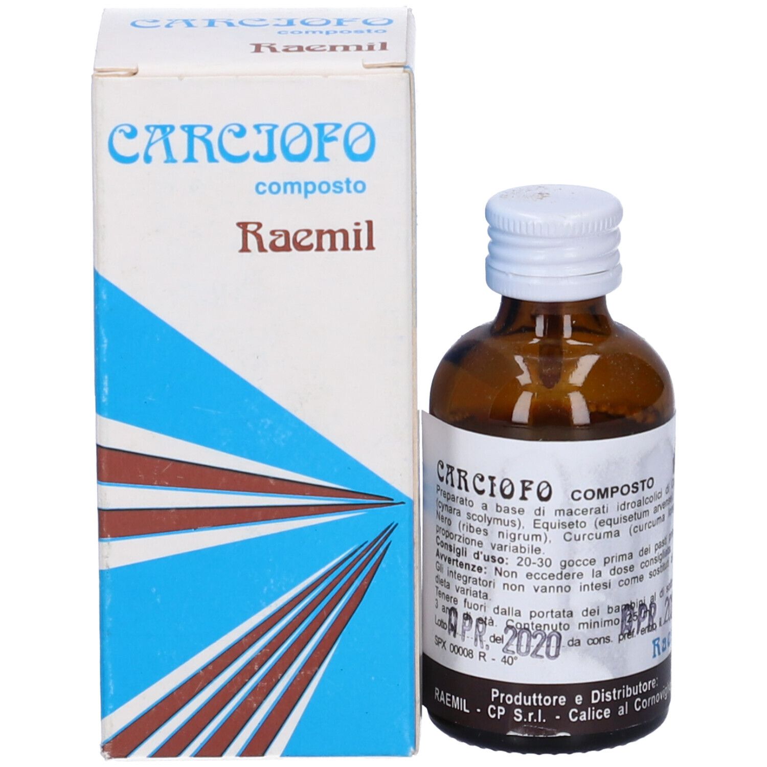 Flacone di vetro marrone con tappo bianco e scatola. Testo: CARCIOFO COMPOSTO, Raemil. Flacone e scatola affiancati.