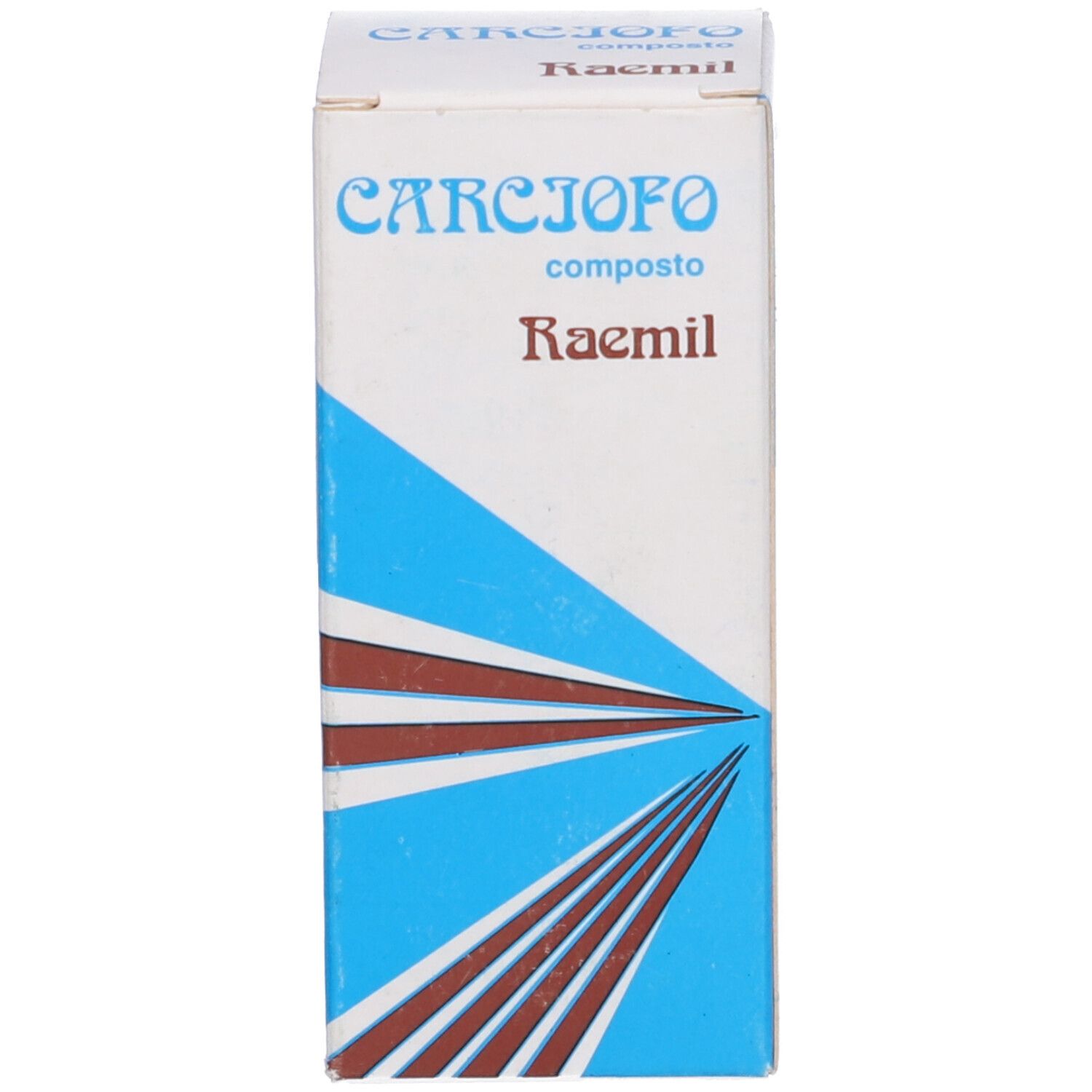 Scatola con sfondo blu e testo bianco: CARCIOFO composto, Raemil. Linee marroni.