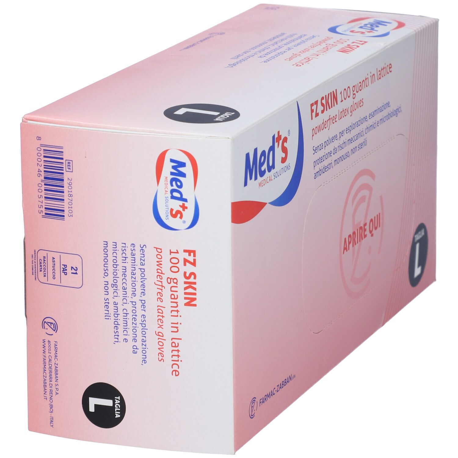 Scatola di guanti medici, marca Med's. Taglia L. Testo: FZ SKIN, 100 guanti in lattice.