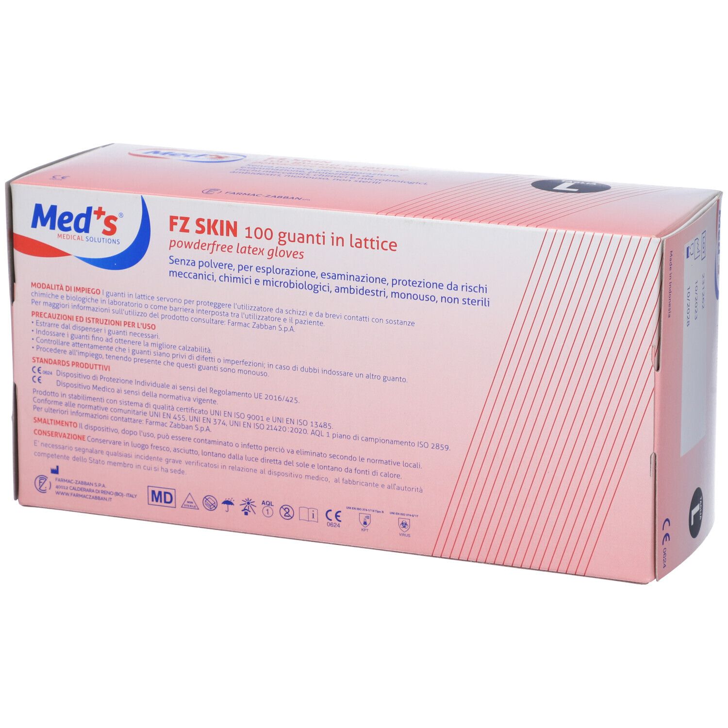 Scatola di guanti medici, marca Med's. Taglia L. Testo: FZ SKIN, 100 guanti in lattice.