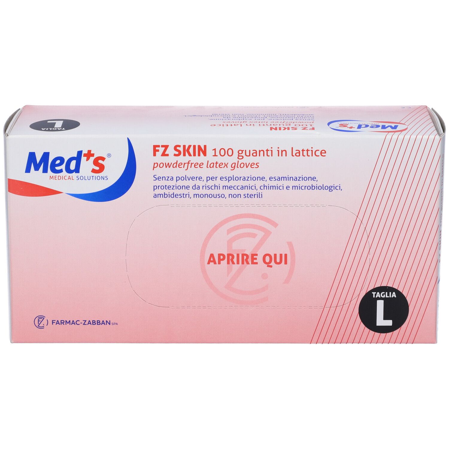 Scatola di guanti medici, marca Med's. Taglia L. Testo: FZ SKIN, 100 guanti in lattice.