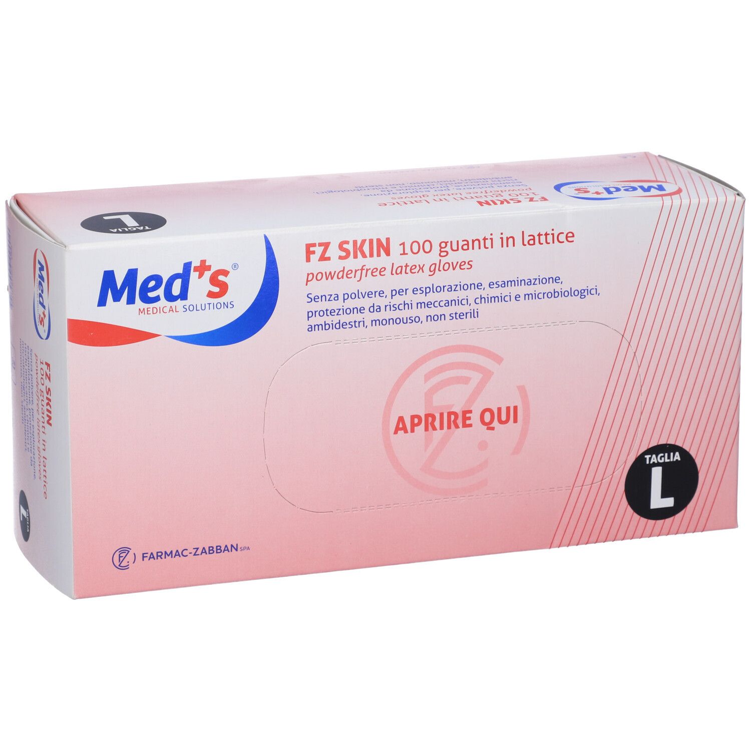 Scatola di guanti medici, marca Med's. Taglia L. Testo: FZ SKIN, 100 guanti in lattice.