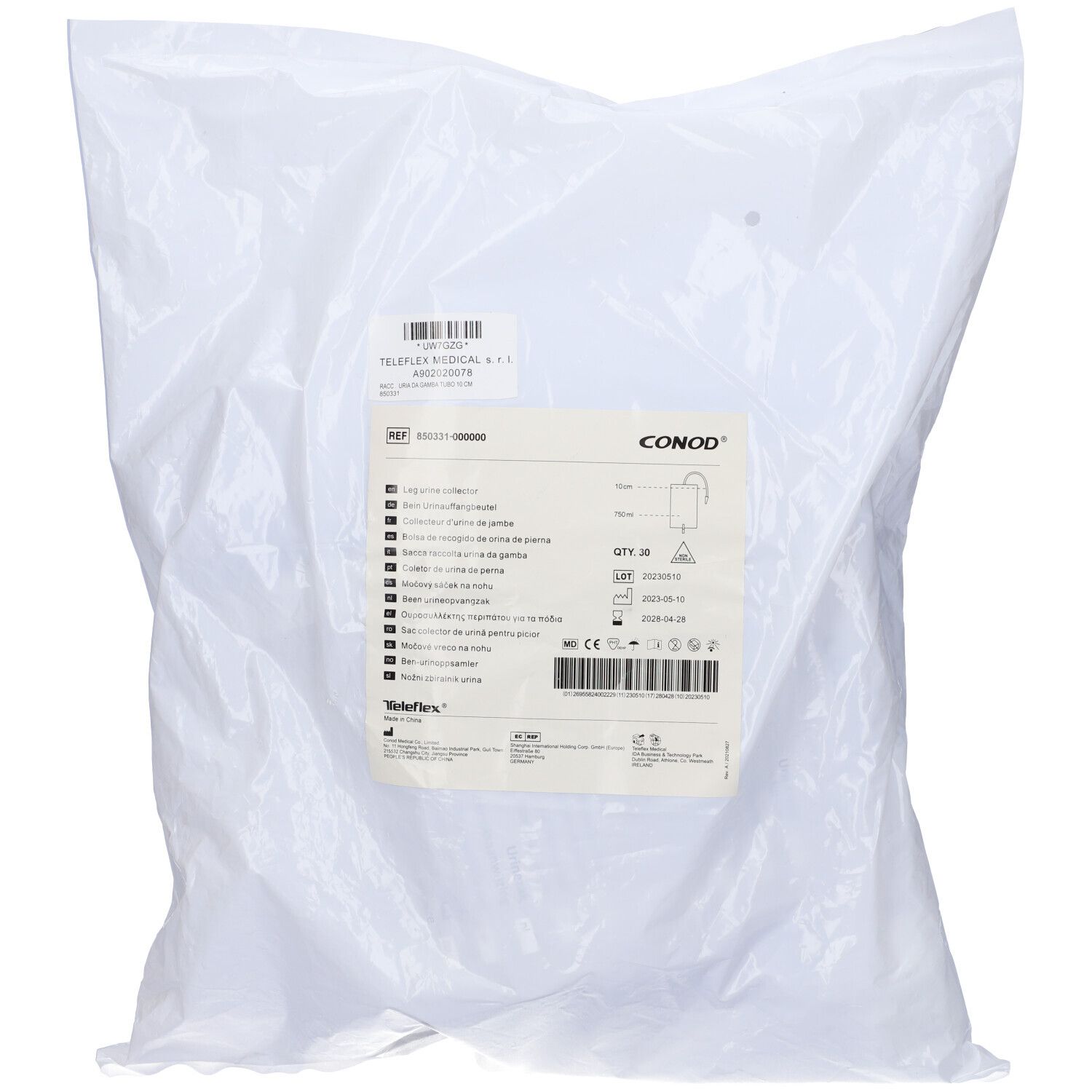 Sacca Raccogli Urina Da Gamba Per Incontinenza In Pvc 750 Ml Tubo Raccordo Diritto 10 Cm+Rubinetto Scarico+Valvola Antireflusso+2 Fasce A Bottoni 30 Pezzi