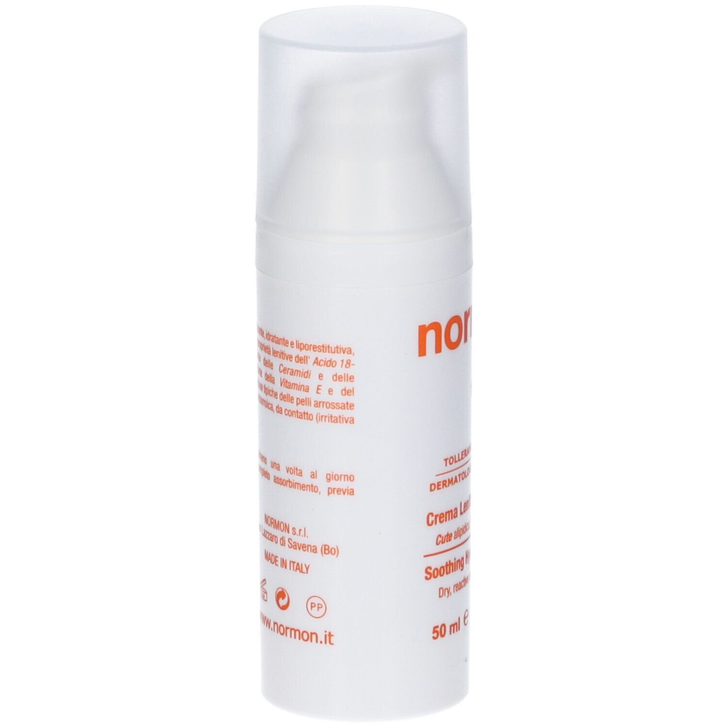 Flacone bianco con dosatore a pompa. Testo in italiano. Scritta: Normon, Made in Italy. Indirizzo web.