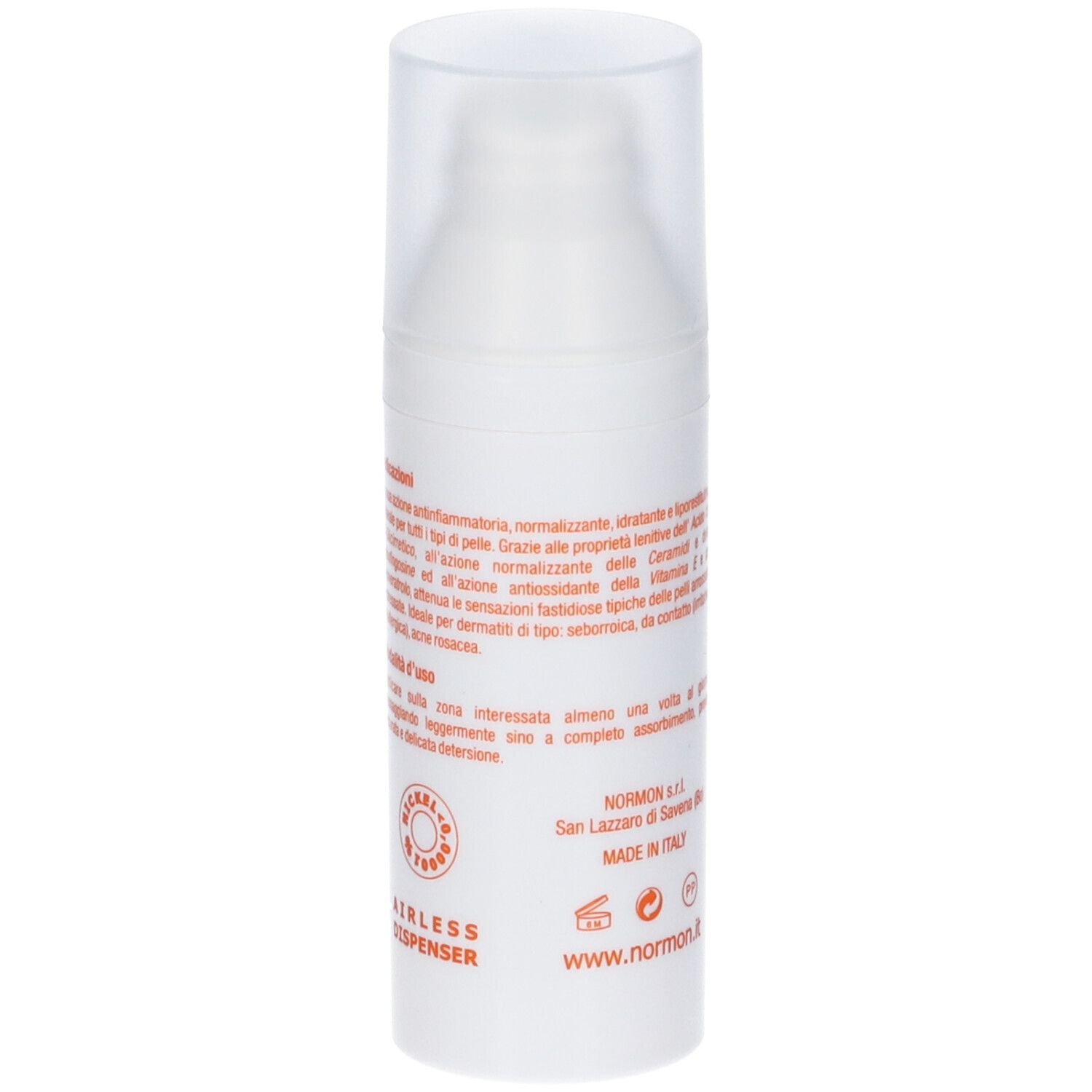 Flacone bianco con dosatore a pompa. Testo in italiano. Logo Airless Dispenser. Indirizzo web.