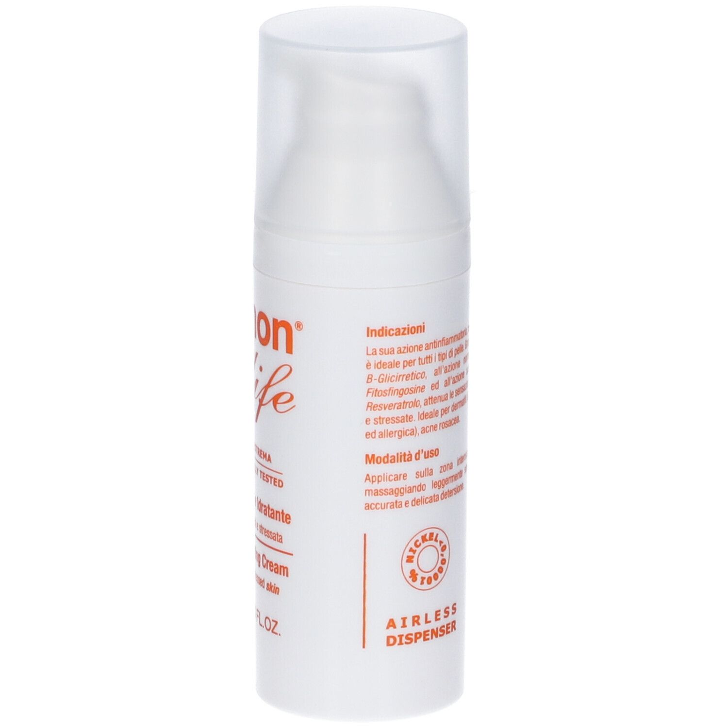 Flacone bianco con dosatore a pompa. Testo in italiano. Logo Airless Dispenser. Indirizzo web.