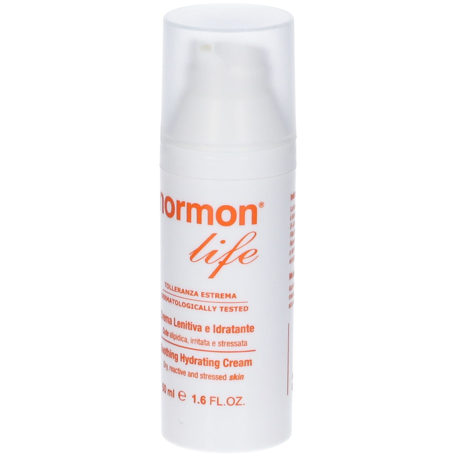 Flacone bianco con dosatore a pompa. Scritta: Normon Life, Crema Lenitiva e Idratante, Soothing Hydrating Cream. 50 ml.