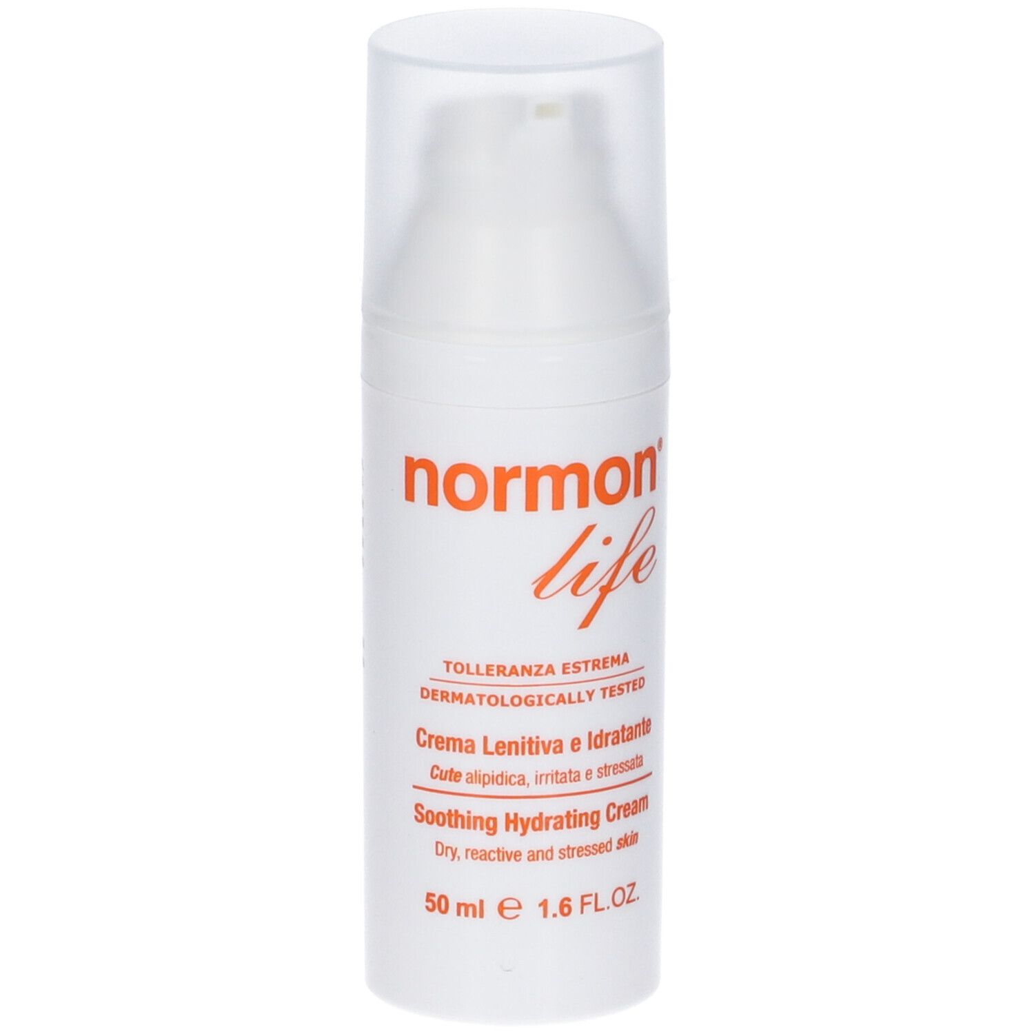 Flacone bianco con dosatore a pompa. Scritta: Normon Life, Crema Lenitiva e Idratante, Soothing Hydrating Cream. 50 ml.