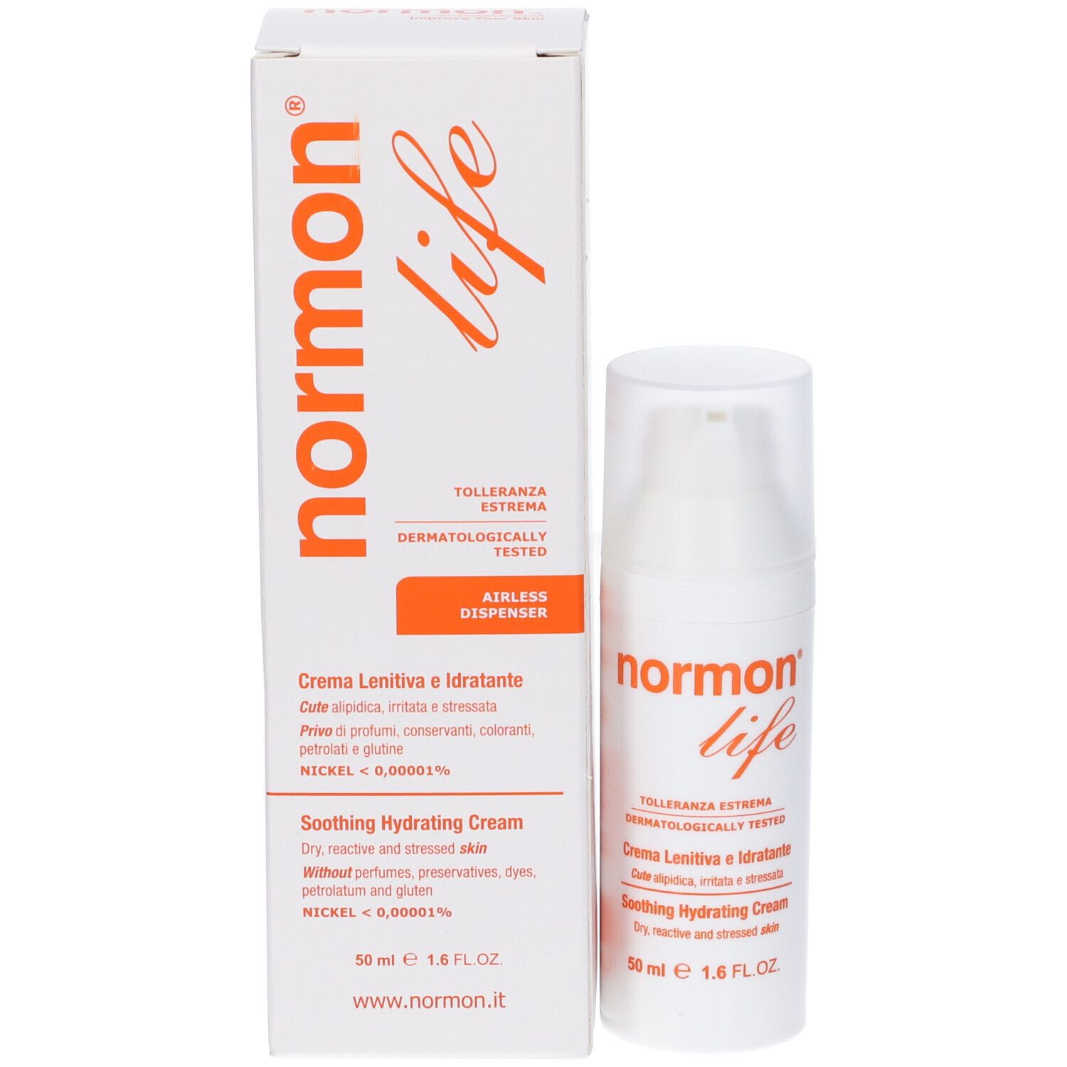 Prodotto e confezione. Scatola bianca con scritta: Normon Life, Crema Lenitiva e Idratante, Soothing Hydrating Cream. 50 ml.