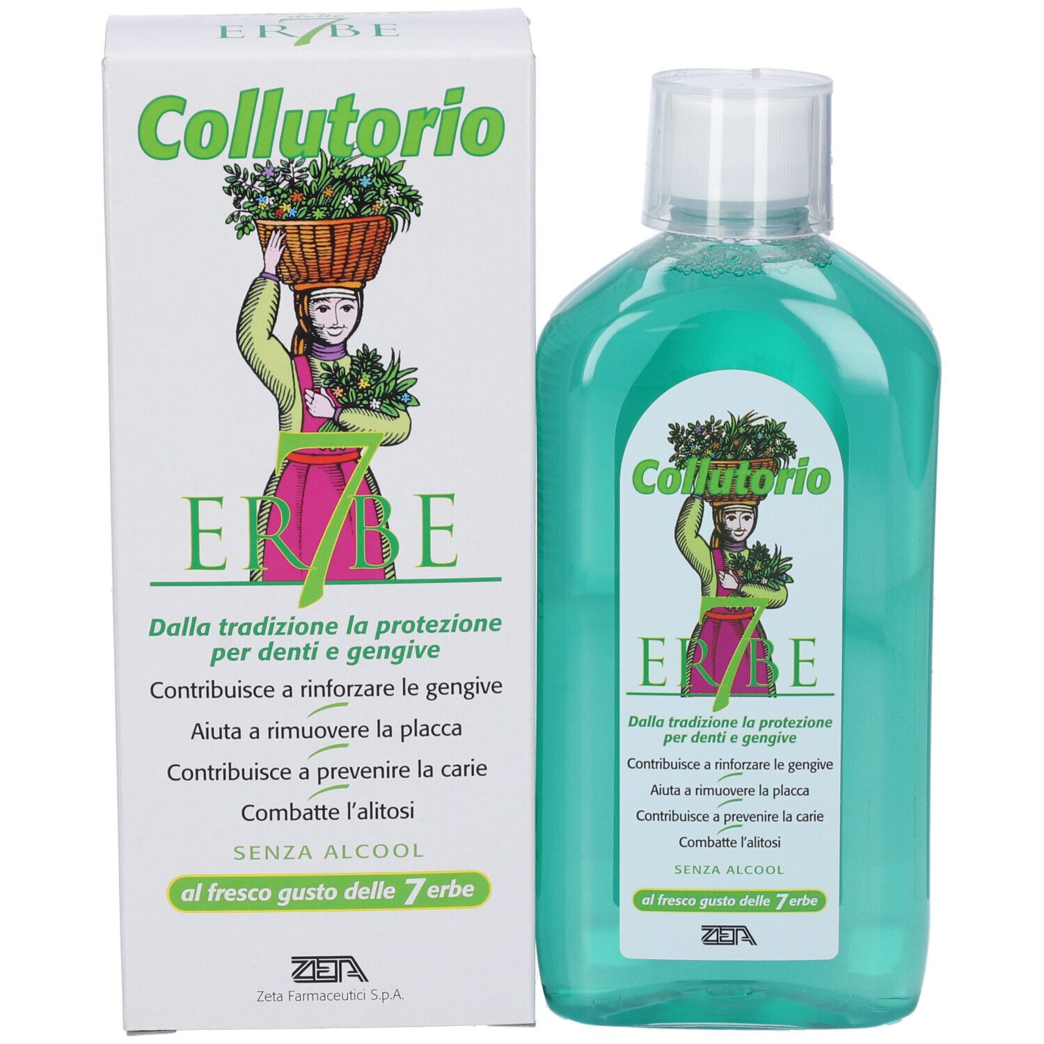 Bottiglia e scatola di collutorio. Scatola con illustrazione di erbe e testo. Bottiglia con liquido verde.